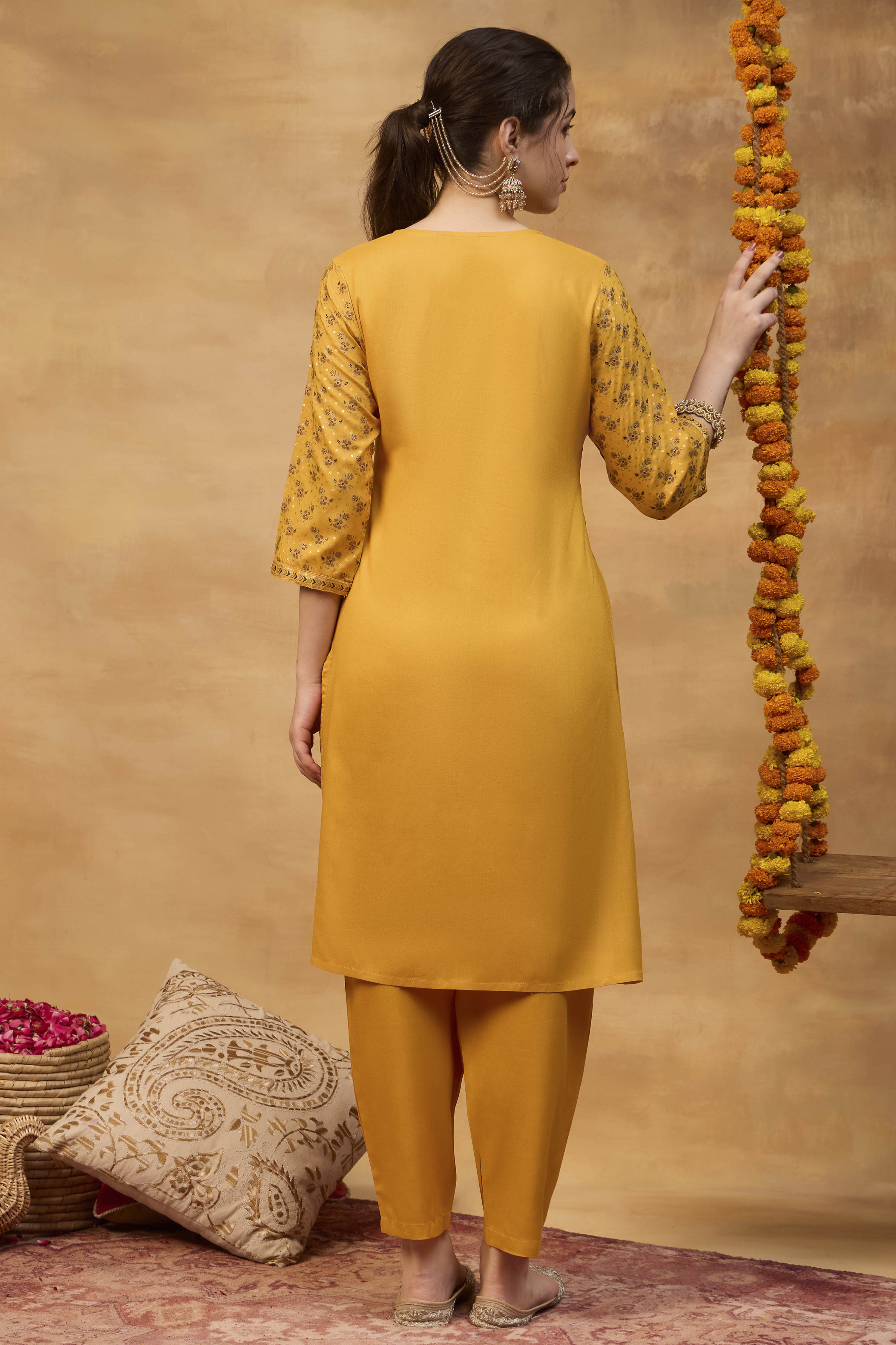 Yellow Viscose Rayon Straight Printed  image number 5