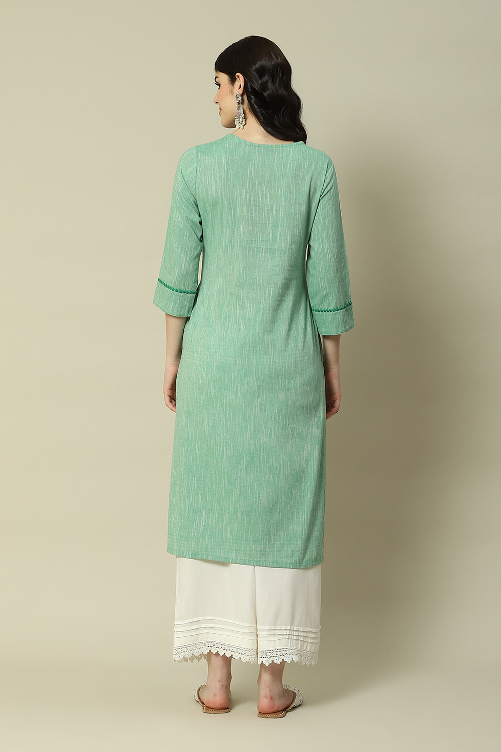 Green Polyester Straight Yarndyed Kurta image number 4