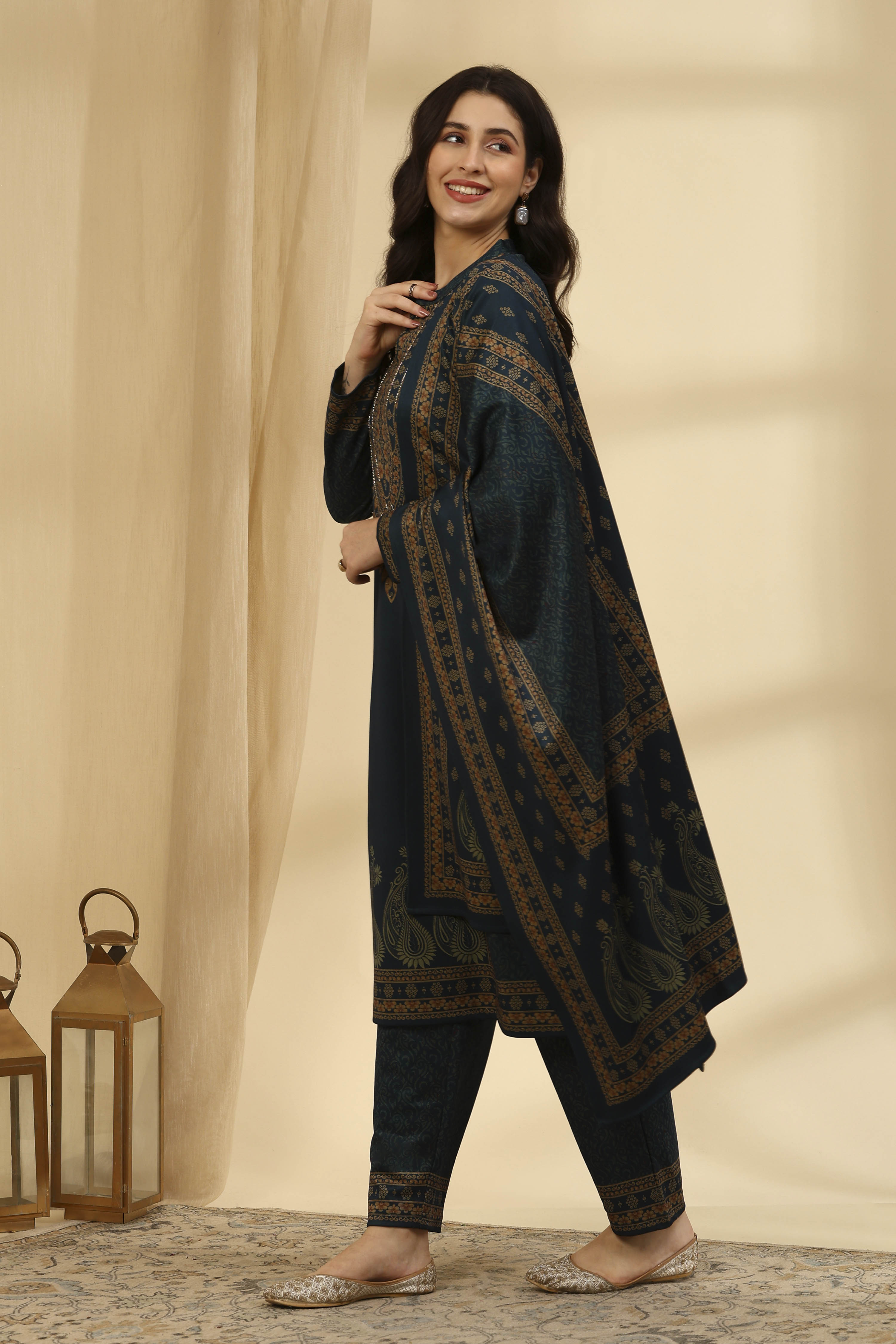 Teal Polyester Straight Printed Suit Set image number 3