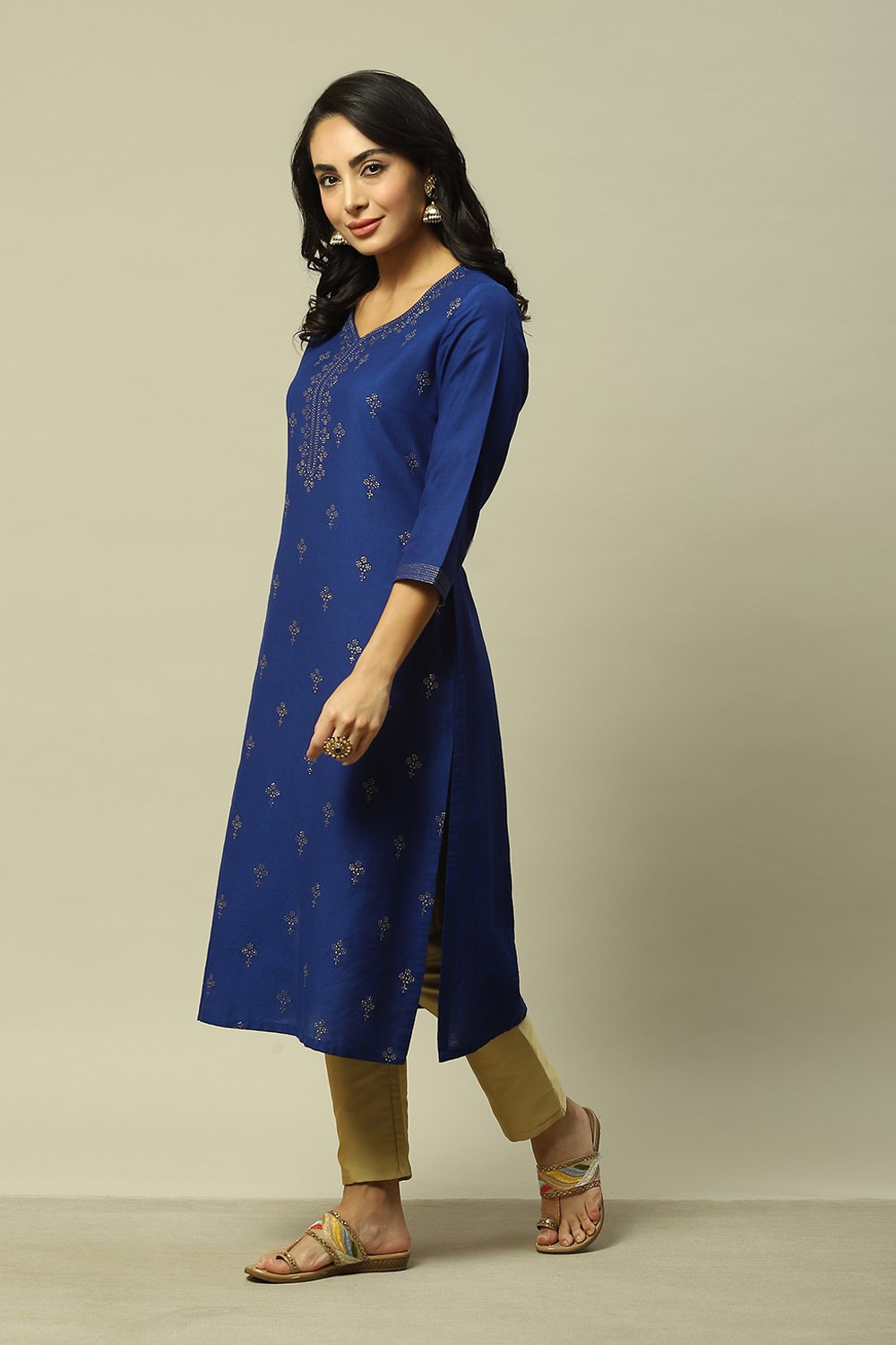 Blue LIVA Straight Printed Kurta image number 2