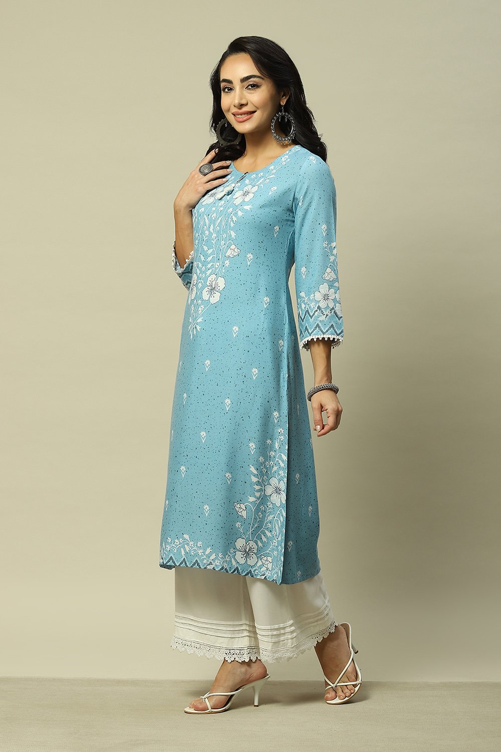 Green LIVA Straight Printed Kurta image number 2