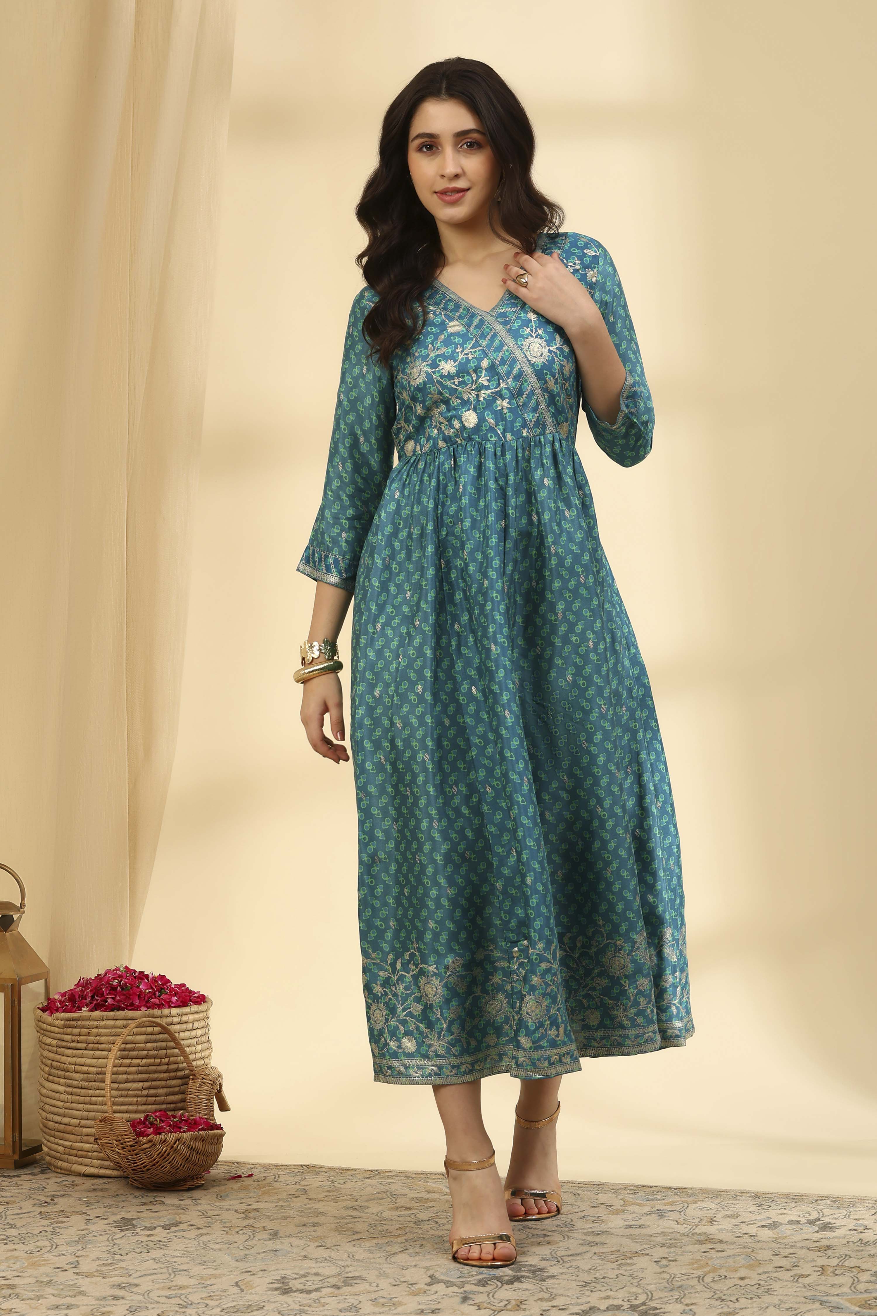 Teal Printed Viscose Blend Ethnic Dress image number 5