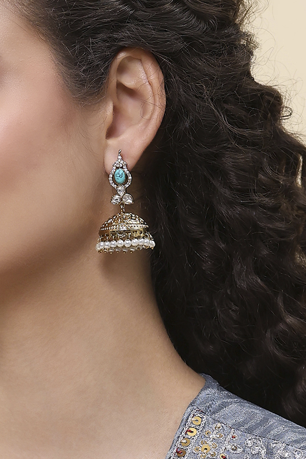 Turquoise Brass Jhumka image number 1