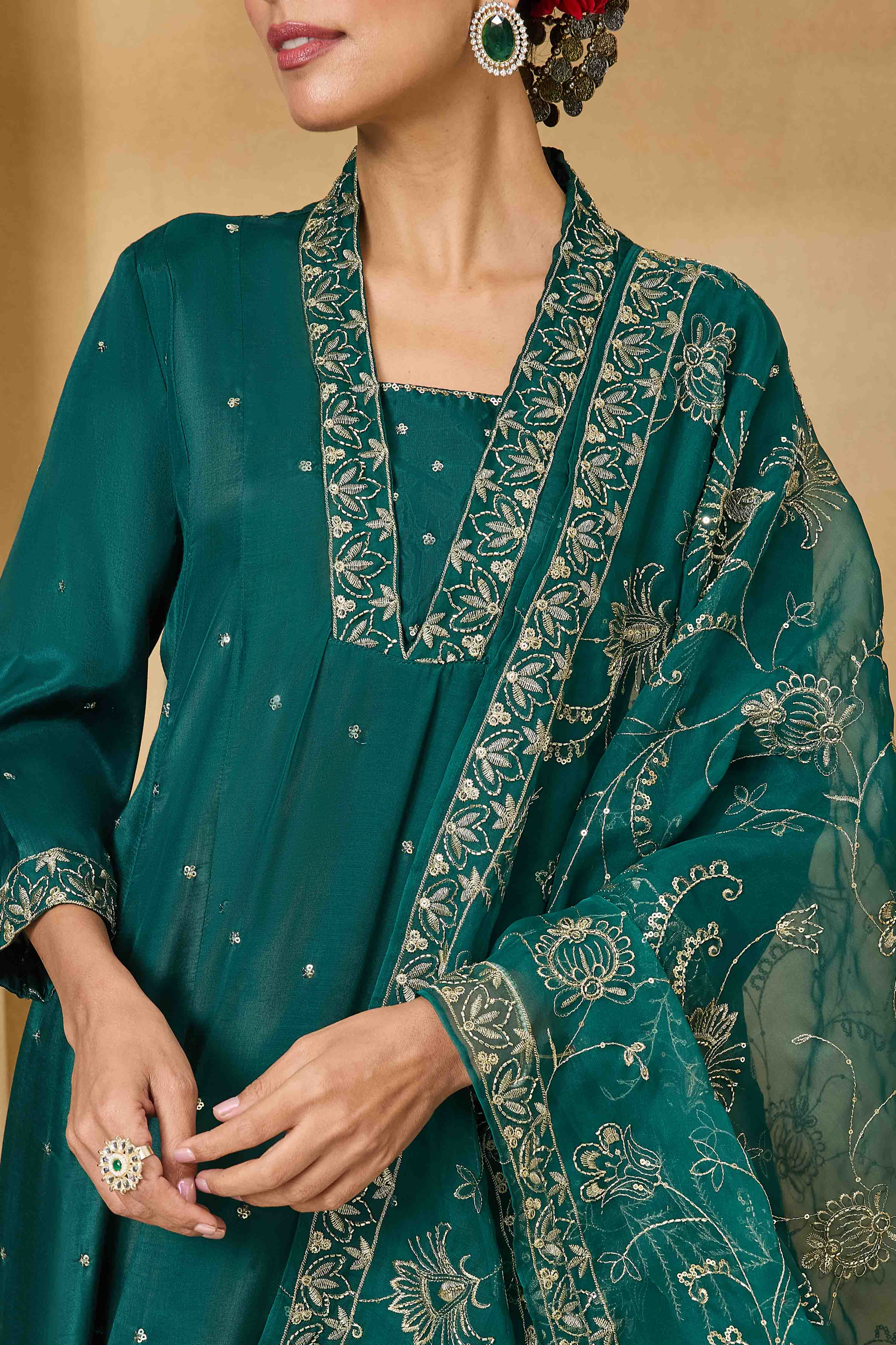 Green Viscose Rayon Kalidar Solid Suit Set image number 1