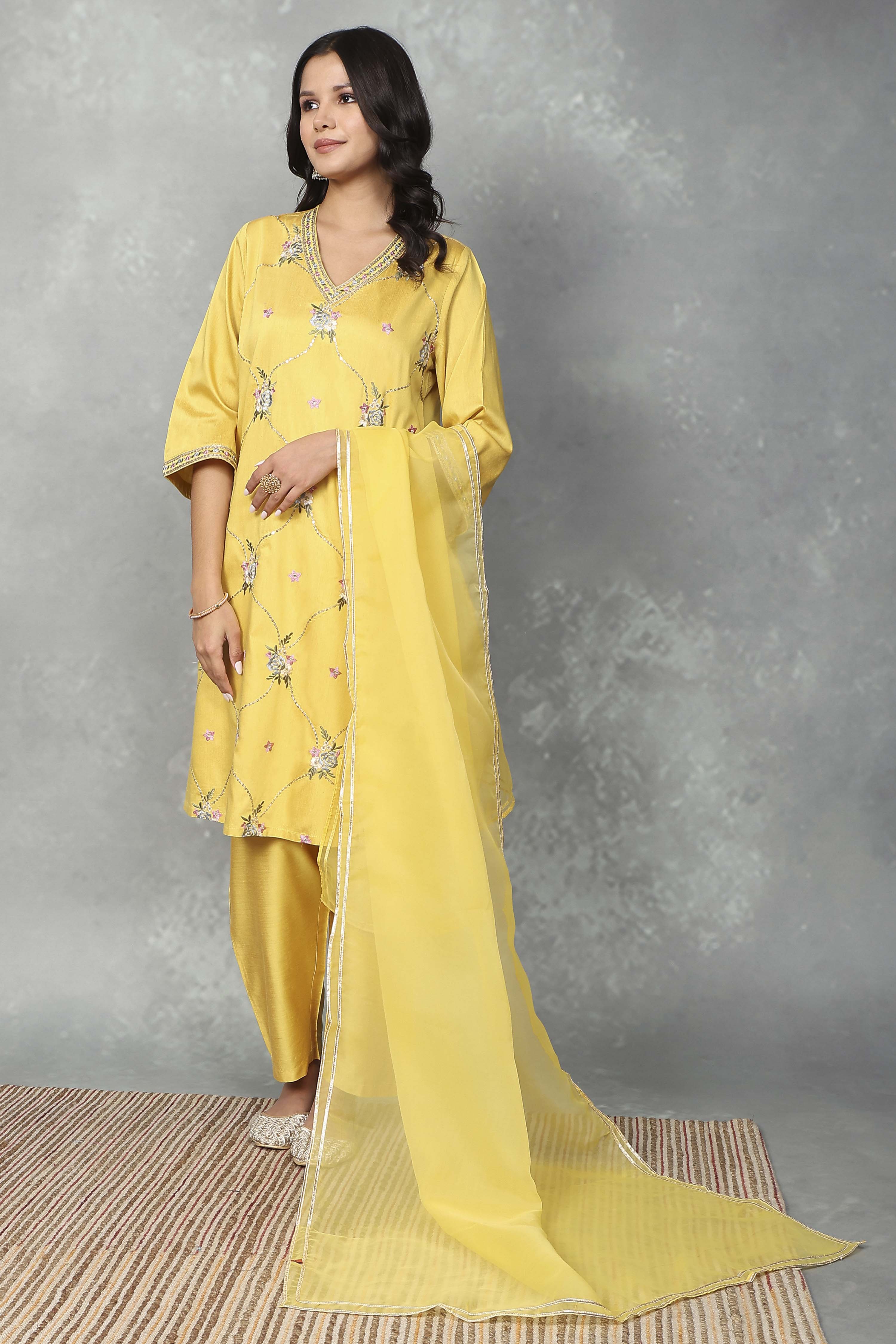 Yellow Viscose Blend Embroidered Straight Suit Set image number 6