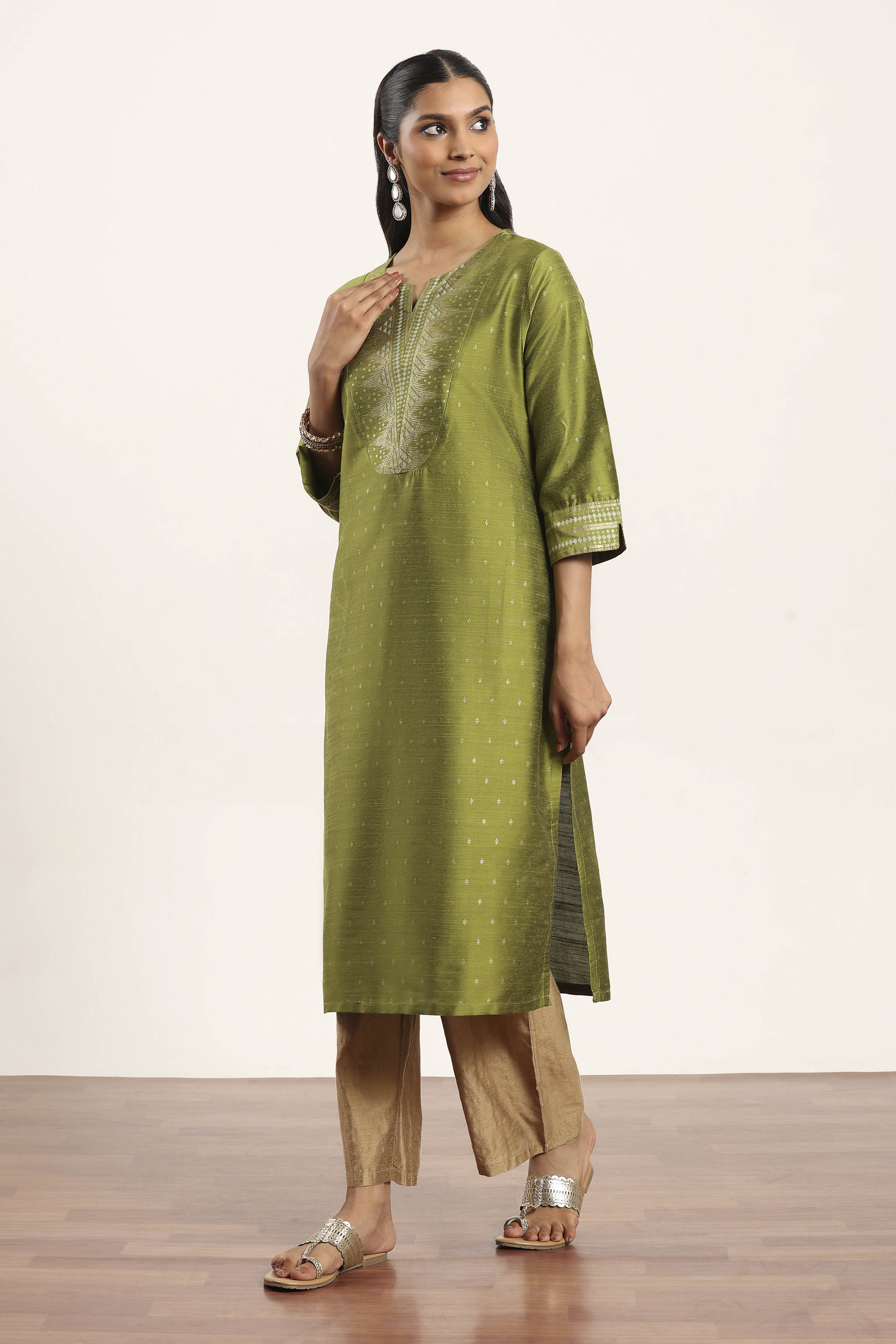 Lime Green Viscose Rayon Straight Kurta Pants Set image number 3
