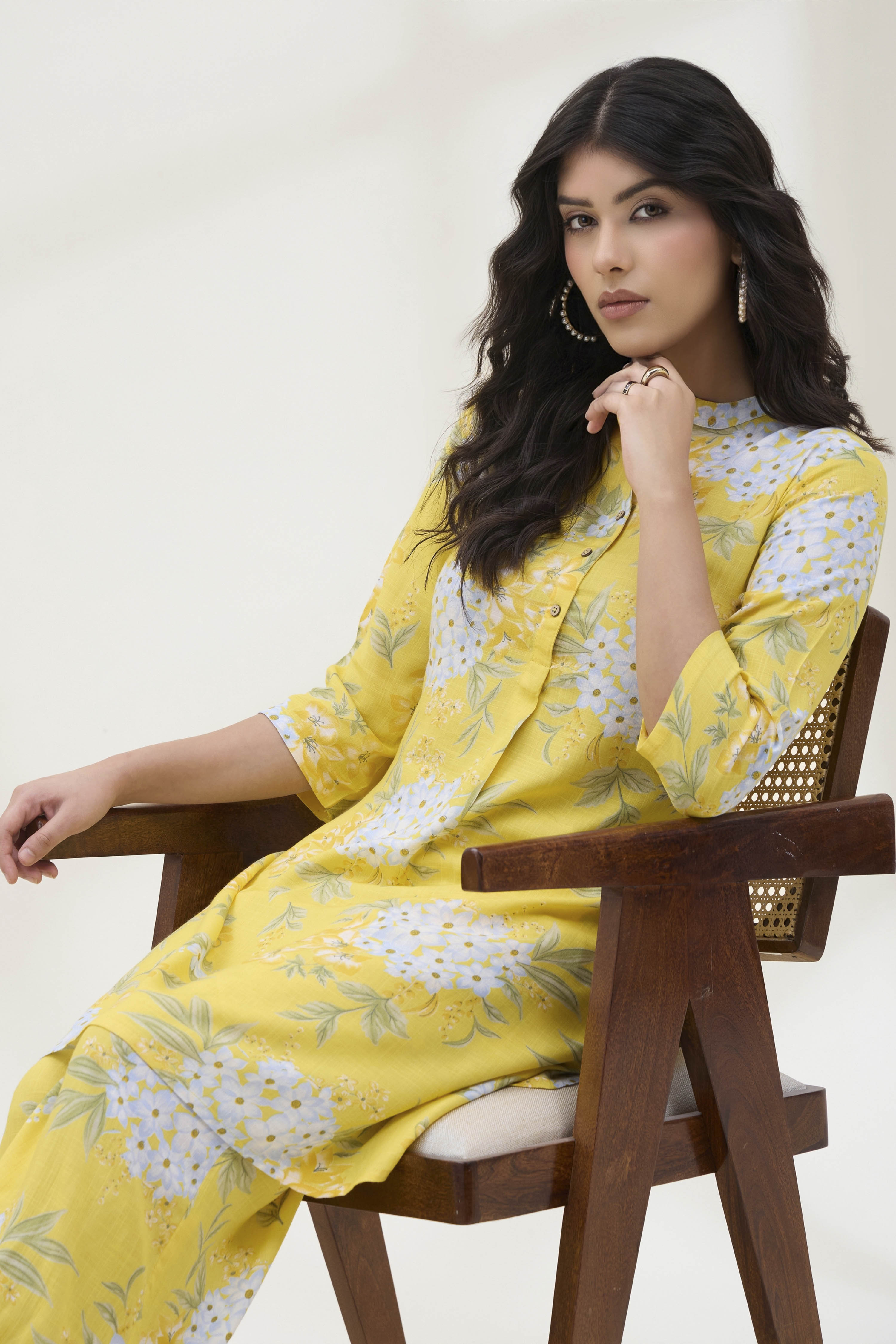 Yellow Viscose Rayon Straight Printed  image number 1
