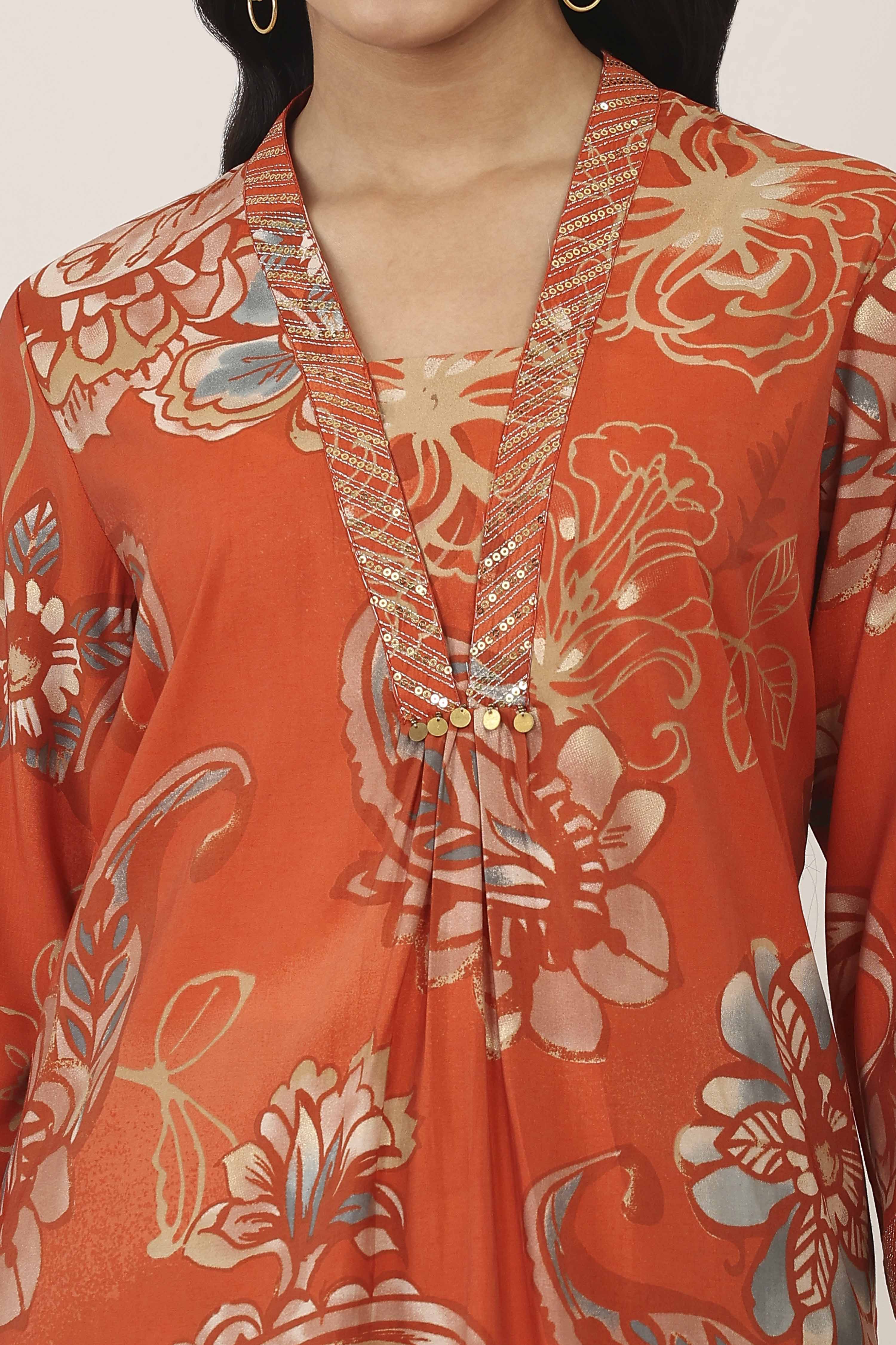 Orange Viscose Polyester Viscose Rayon Kurta Pants Set image number 1