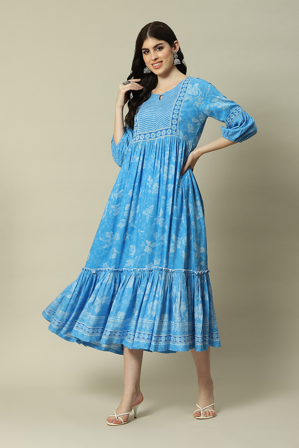 Aqua Blue LIVA Tiered Printed Dress image number 5