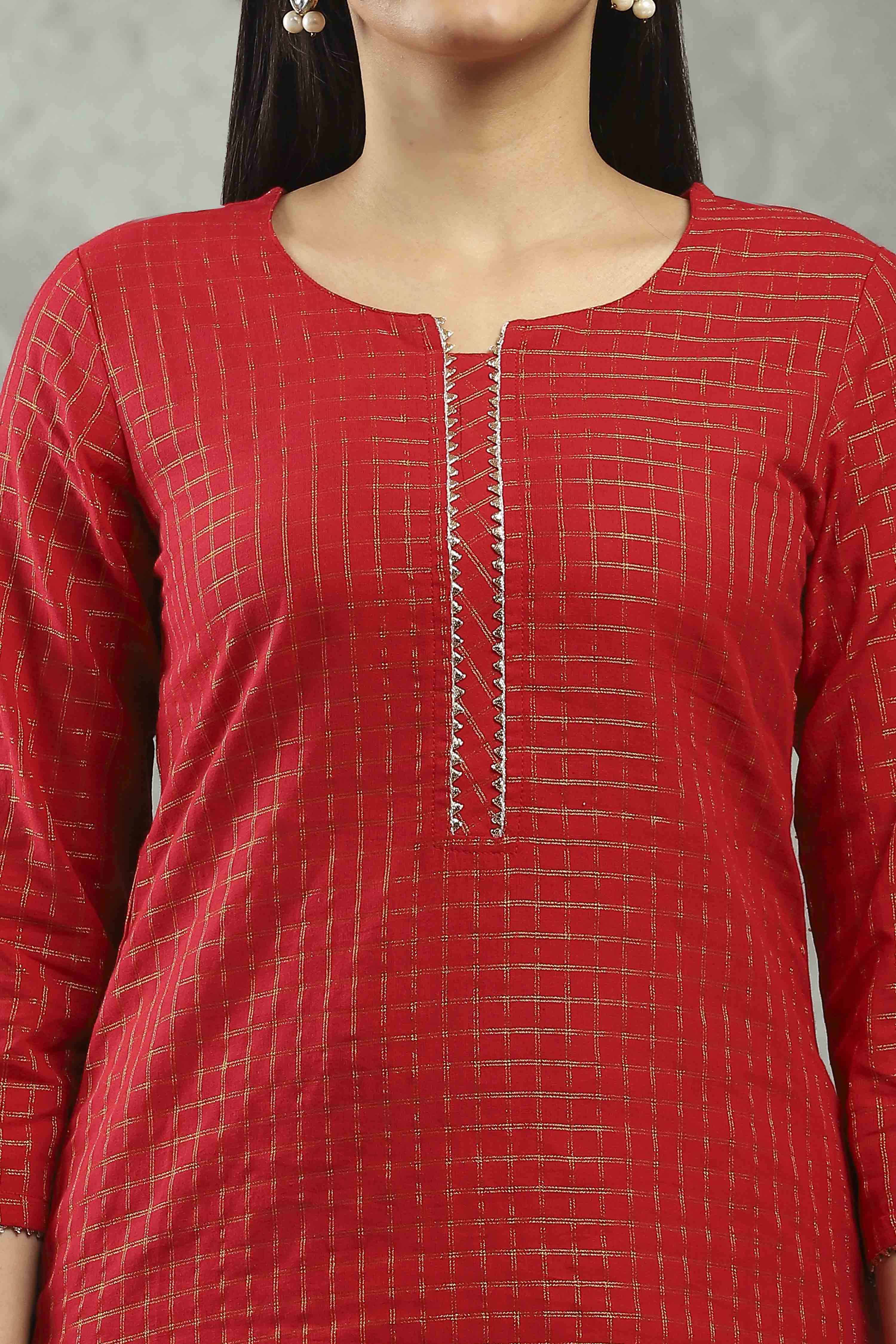 Red Viscose Straight Kurta Pants Set image number 1