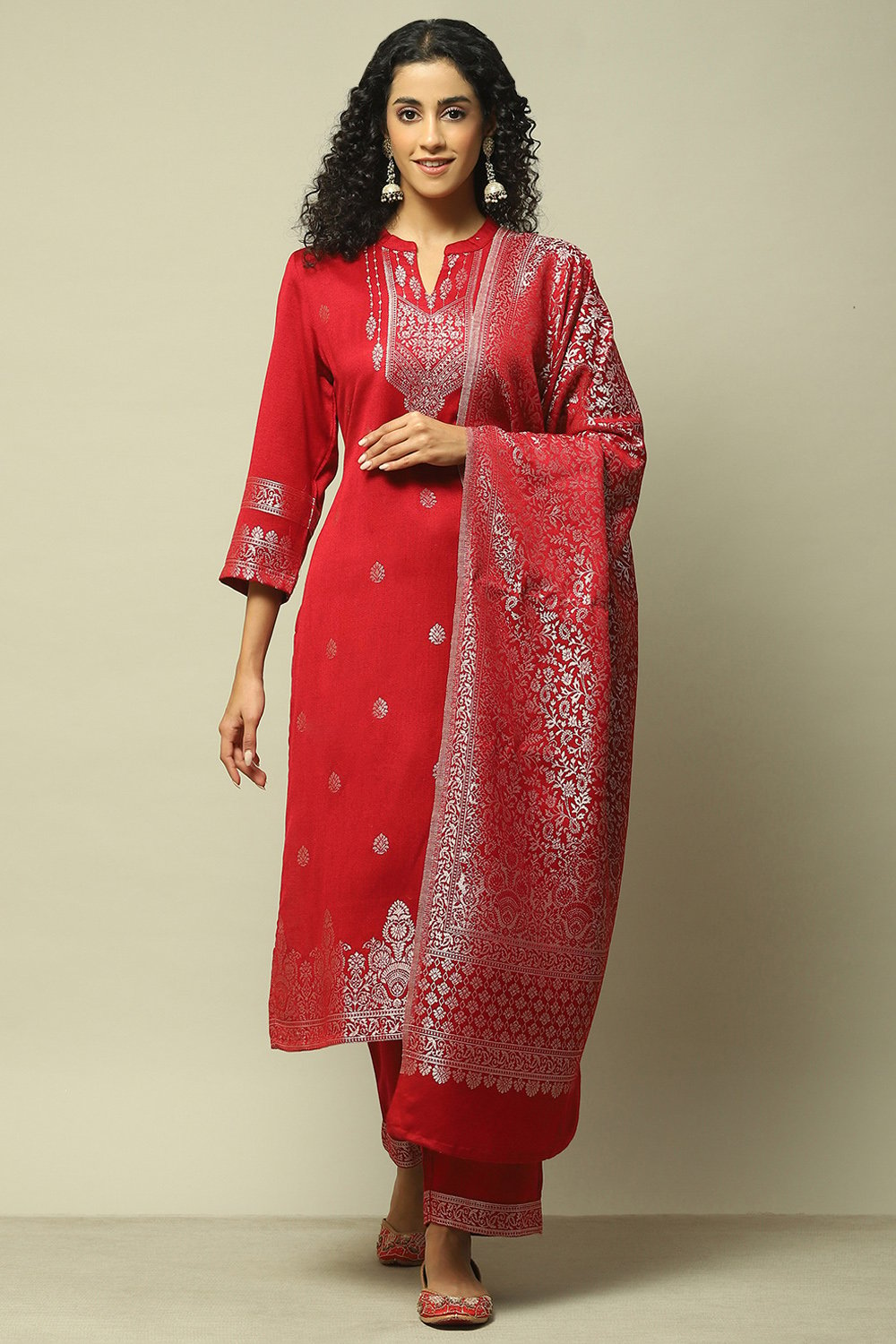 Red Poly Viscose Straight Yarndyed Kurta Palazzo Suit Set image number 0