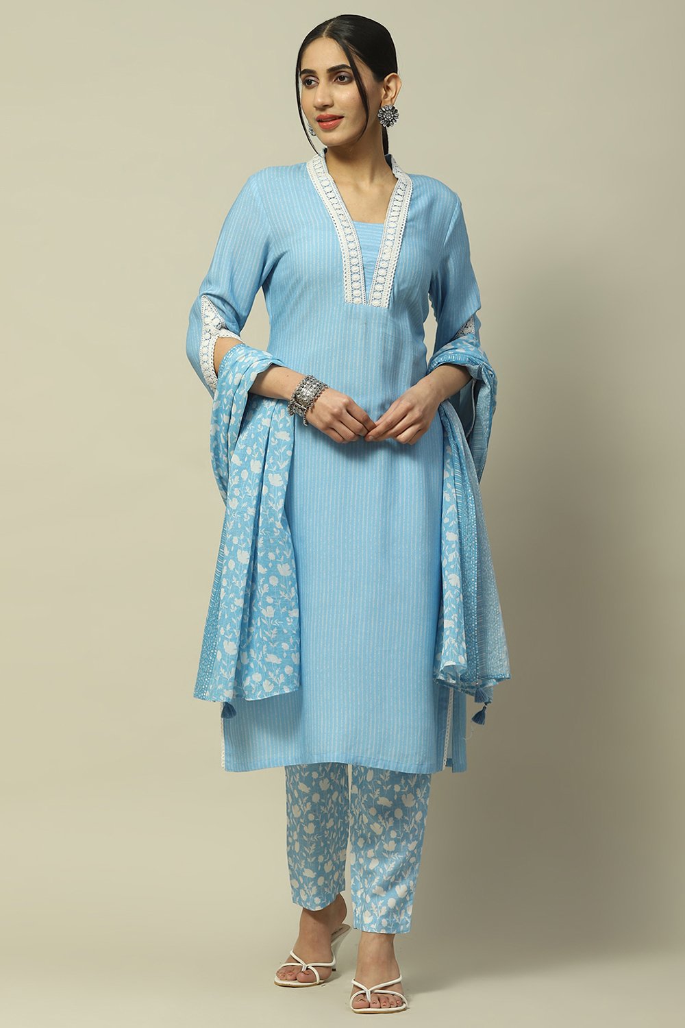 Pastel Blue Rayon Straight Suit Set image number 7