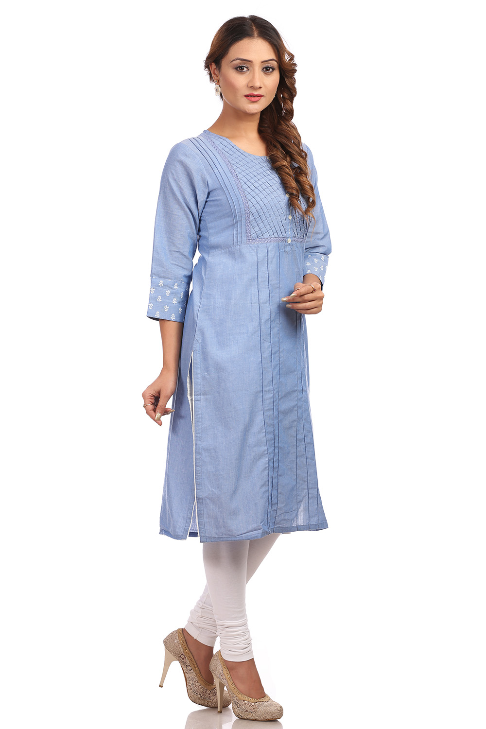 Blue Straight Cotton Kurta image number 3