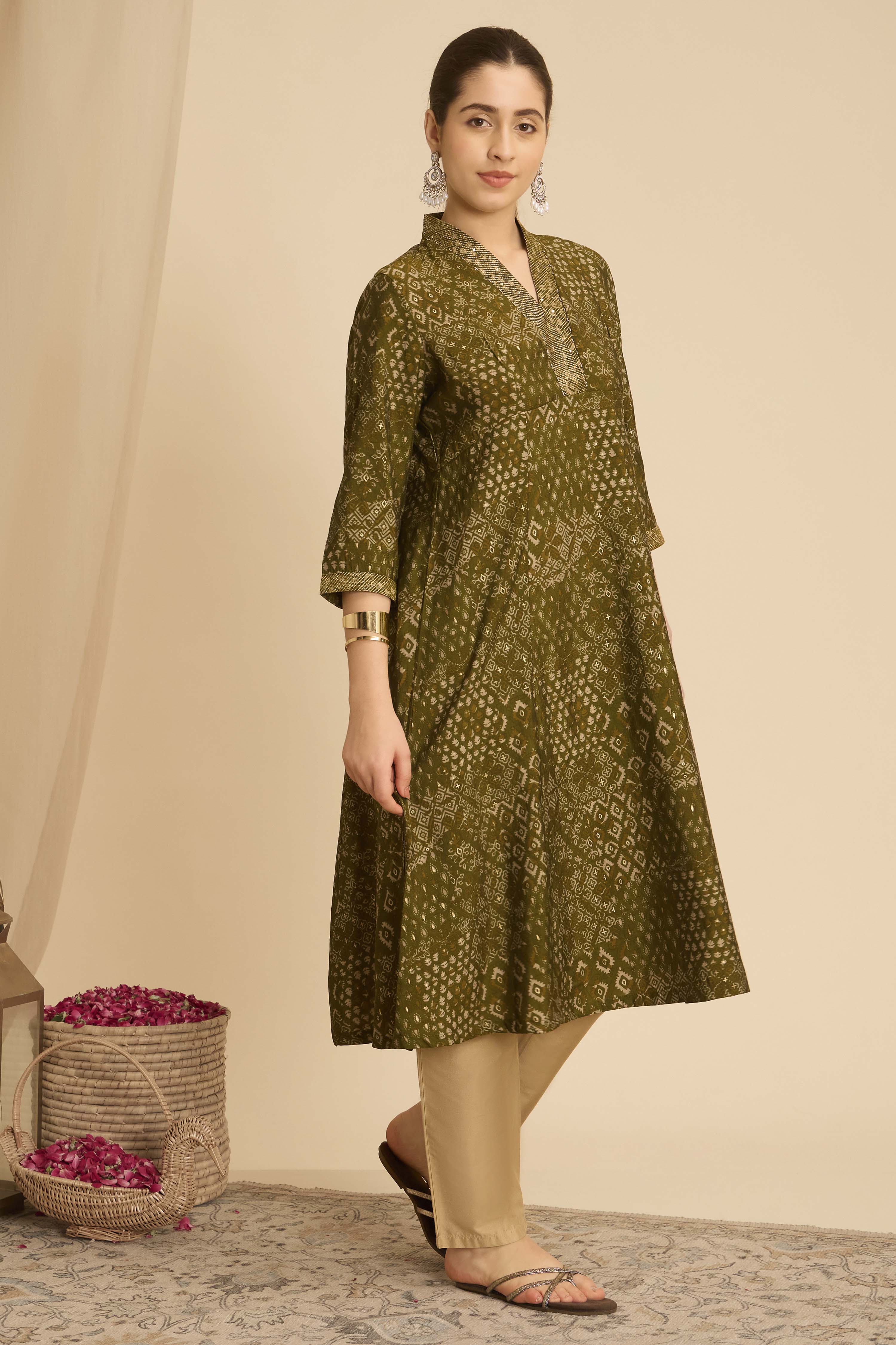 Green Viscose Blend A-Line Printed Kurta image number 3