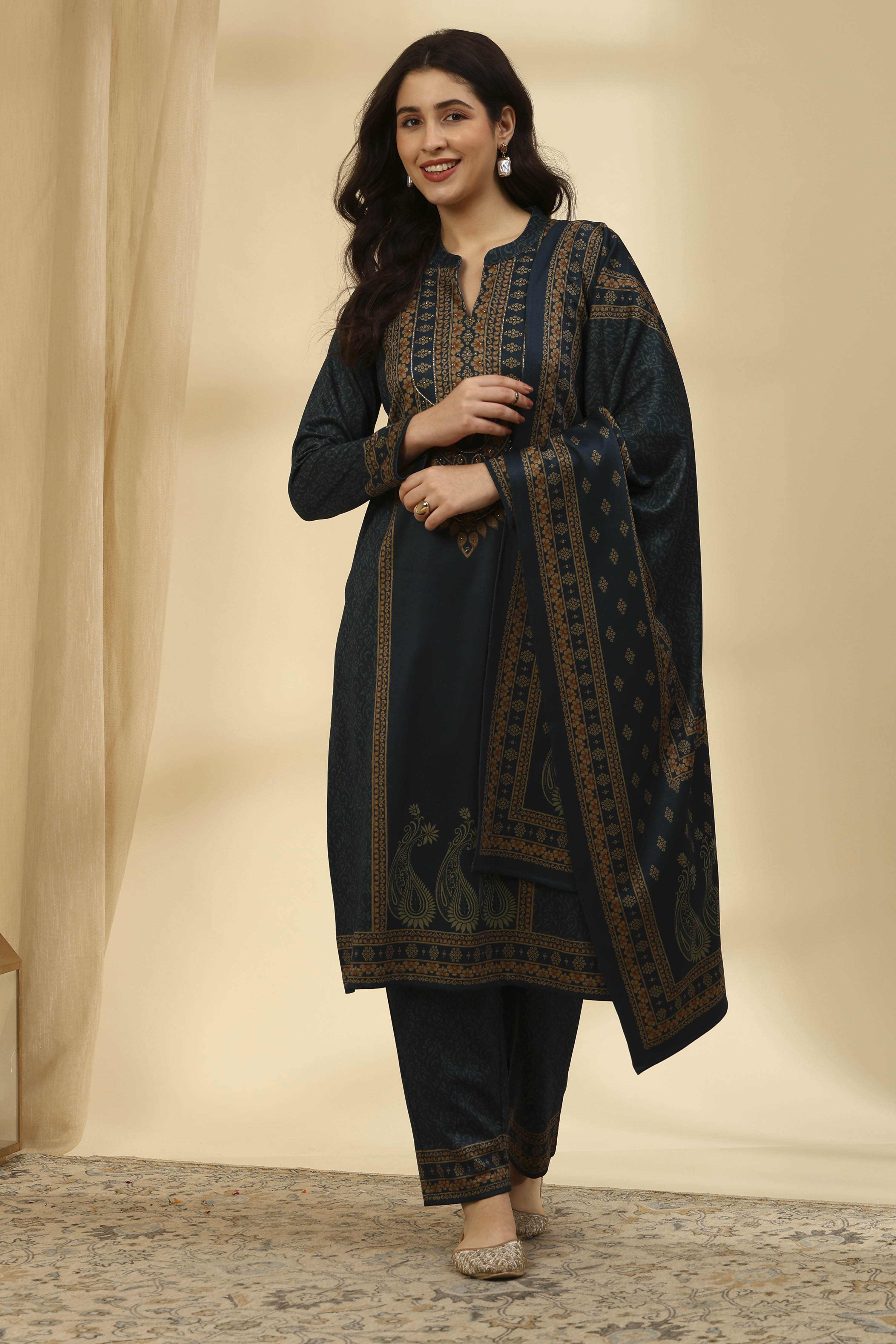 Teal Polyester Straight Printed Suit Set image number 6