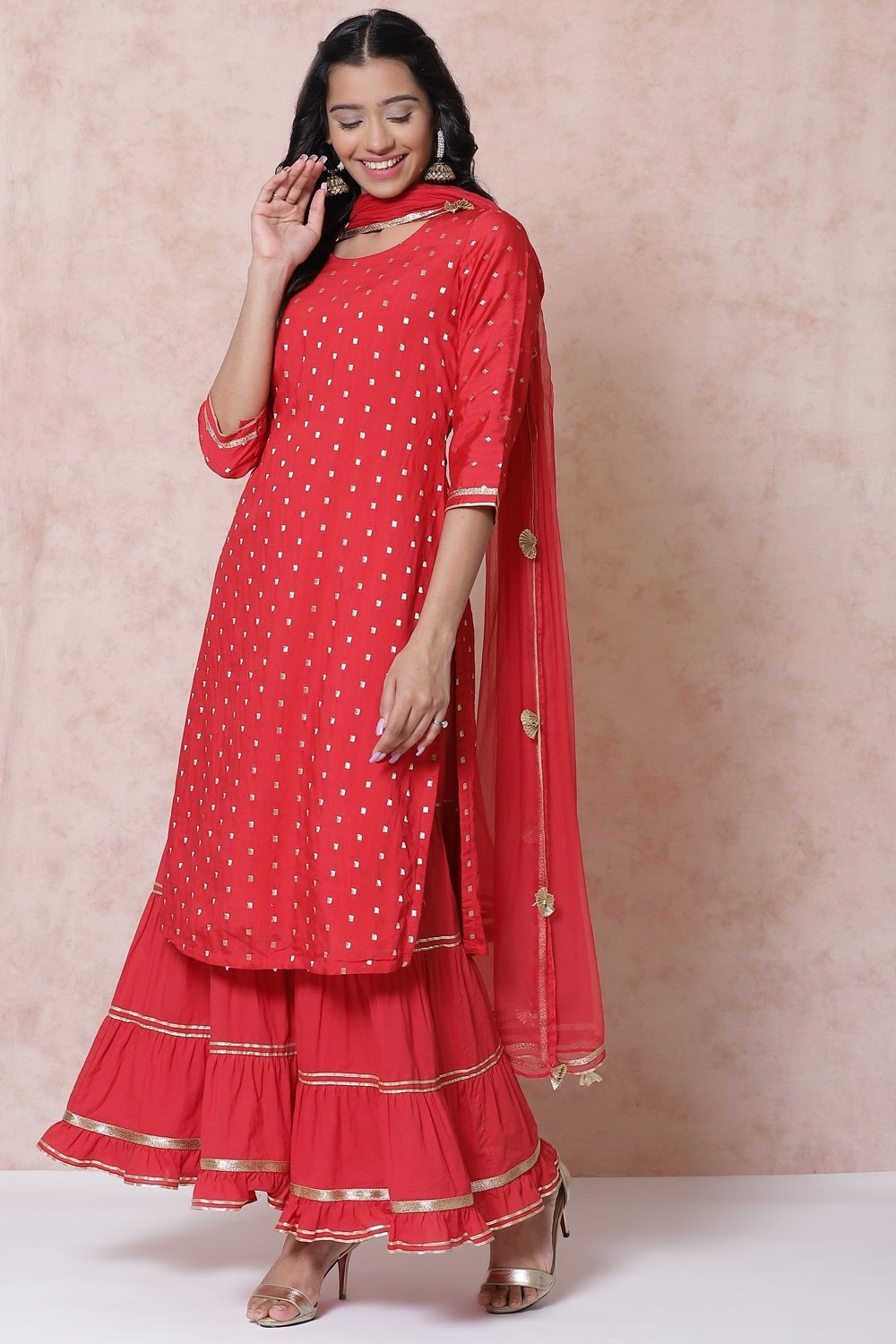 Red Poly Cotton Straight Suit Set image number 0