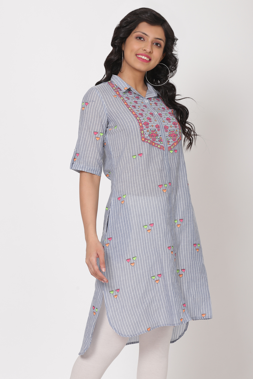 Blue Cotton A-Line Kurta image number 3