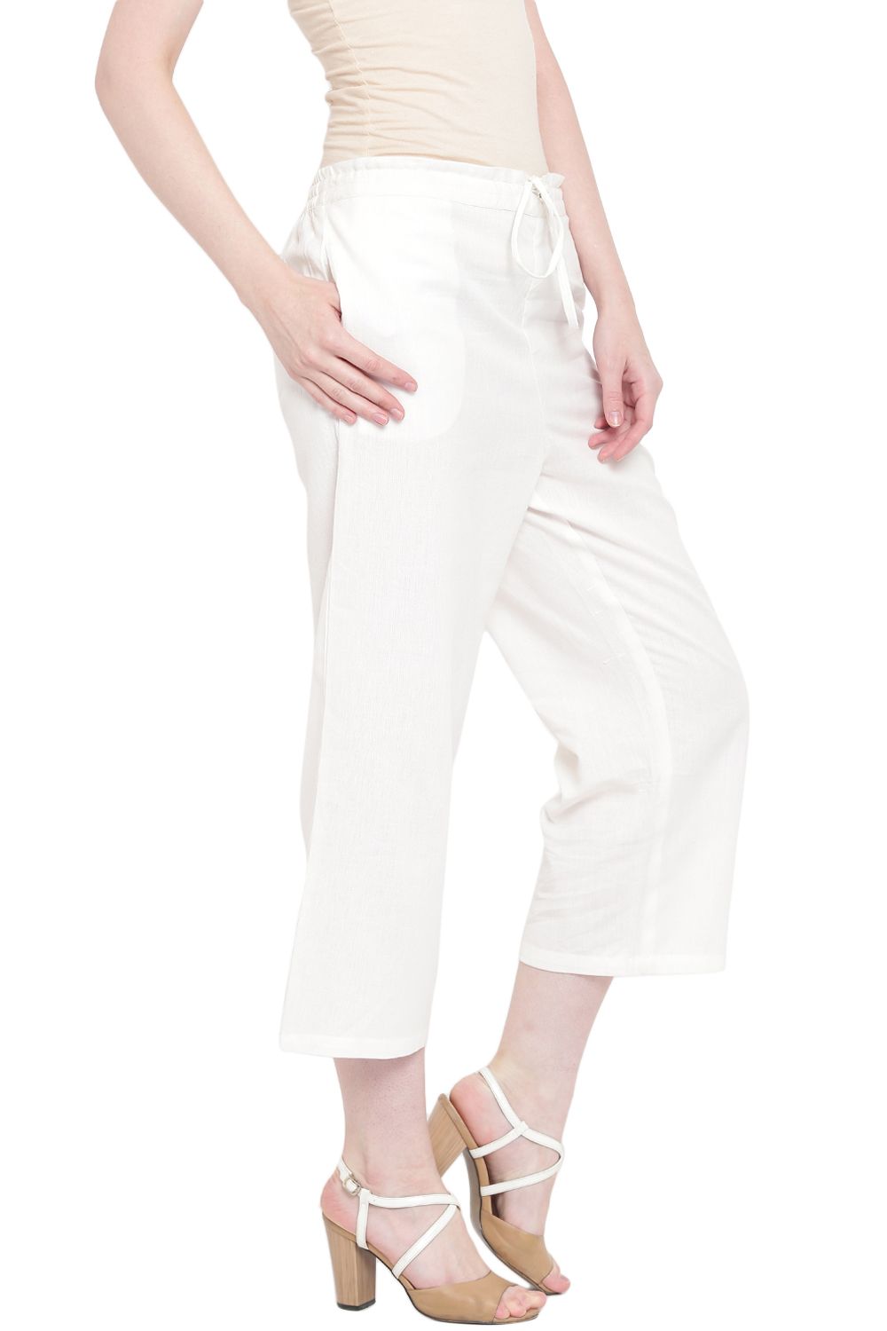 Off White Cotton Fusion Pants image number 3