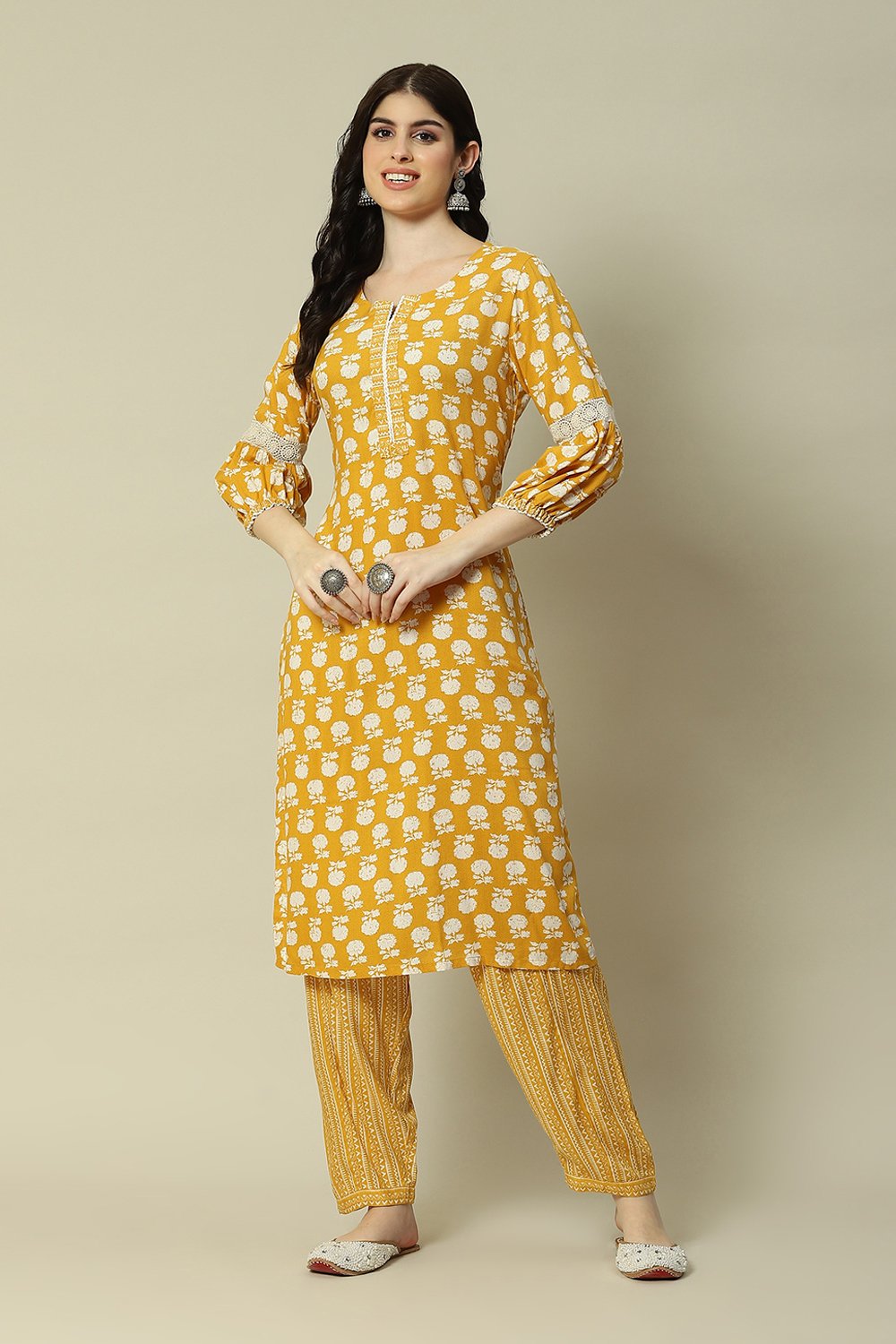 Mustard LIVA Straight Printed Kurta Palazzo Suit Set image number 0