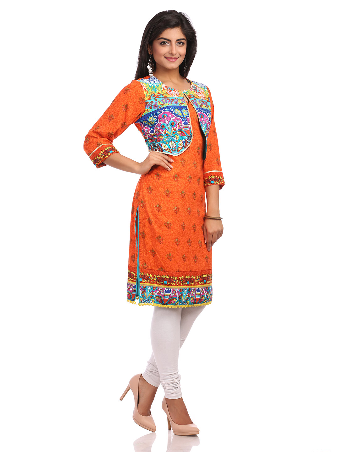 Blue & Orange Straight Cotton Kurta image number 2