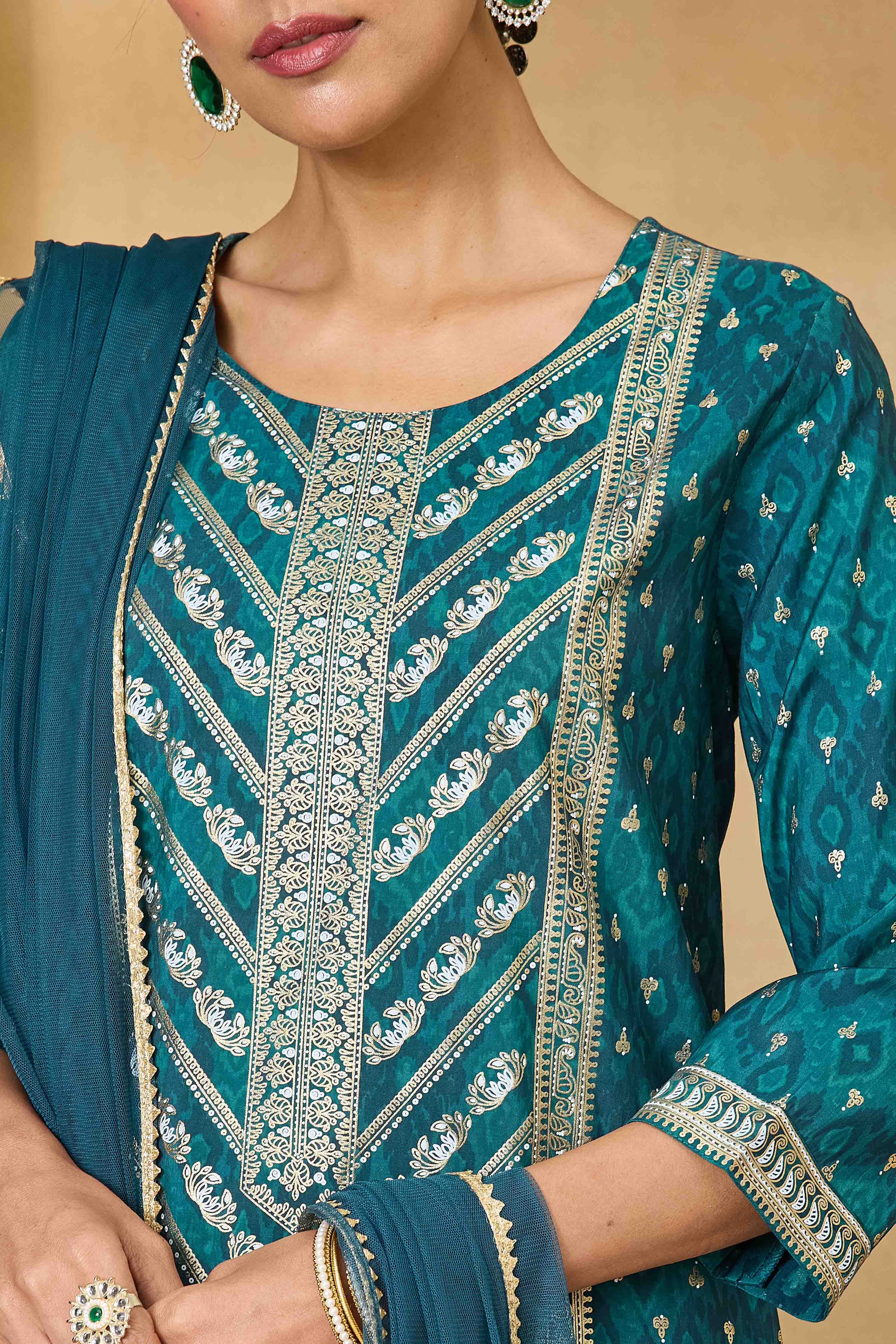 Teal Viscose Blend Straight Printed Suit Set image number 1