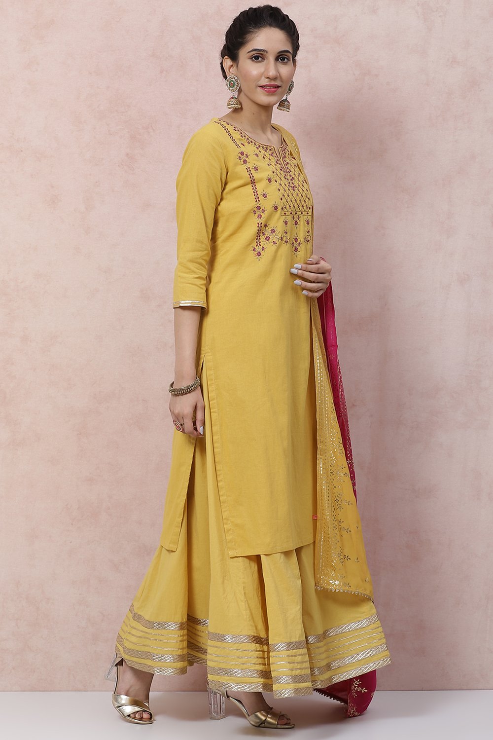 Mustard Cotton Straight Suit Set image number 3