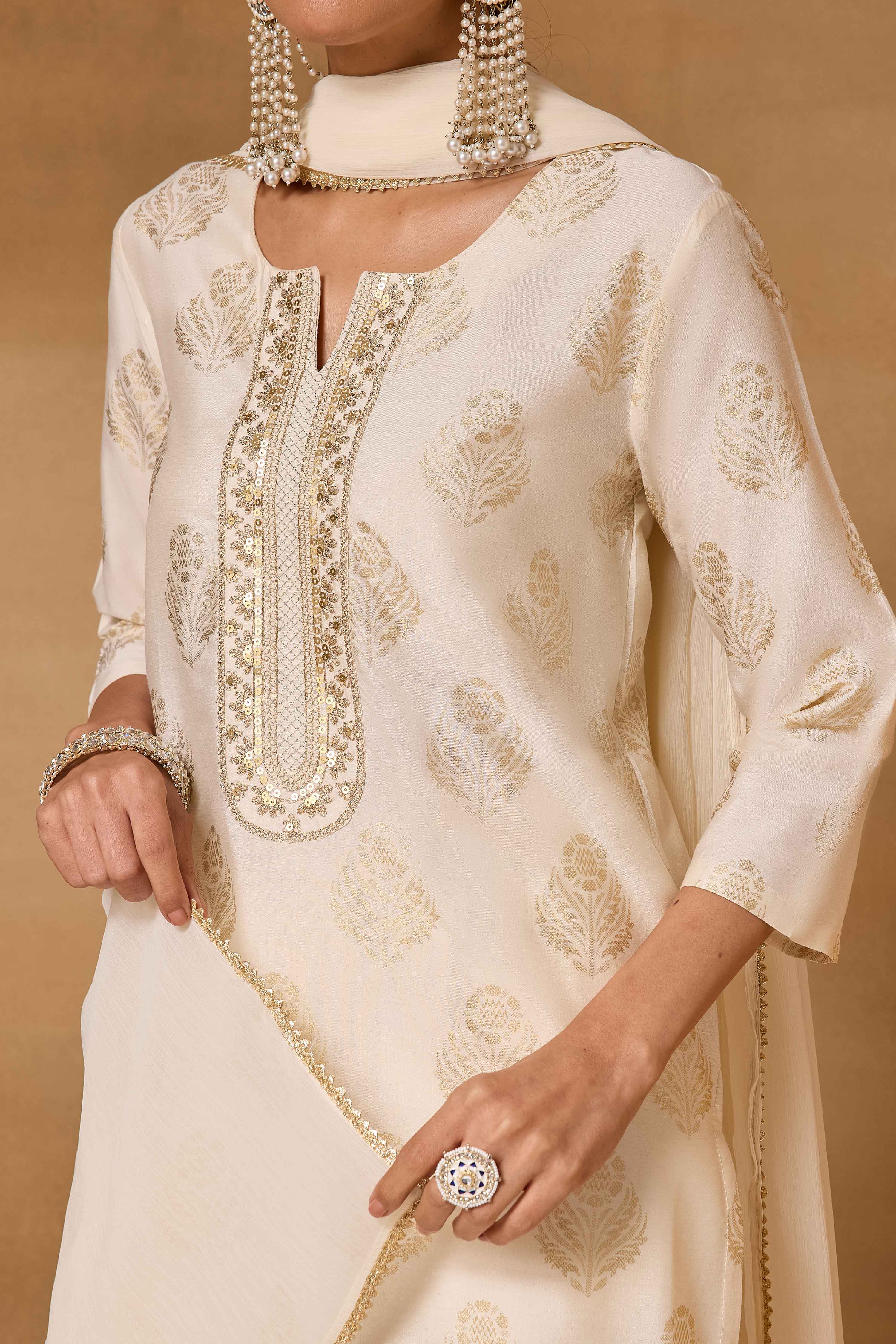 Off White Viscose Blend Straight Printed Suit Set image number 1