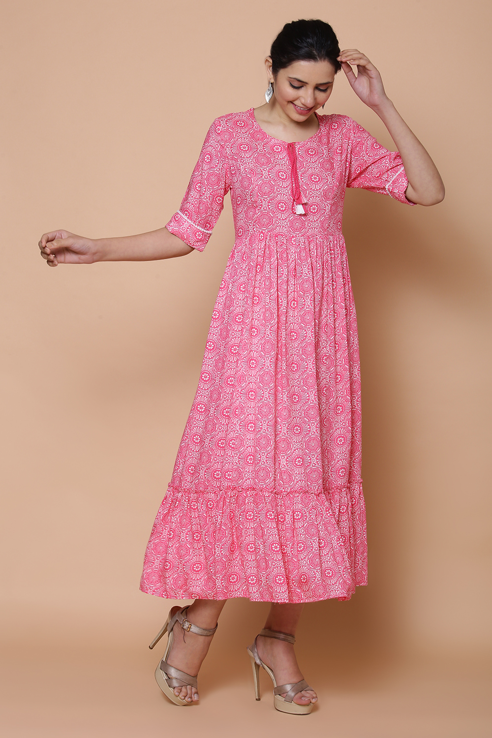 Pink Viscose Rayon Flared Dress image number 4