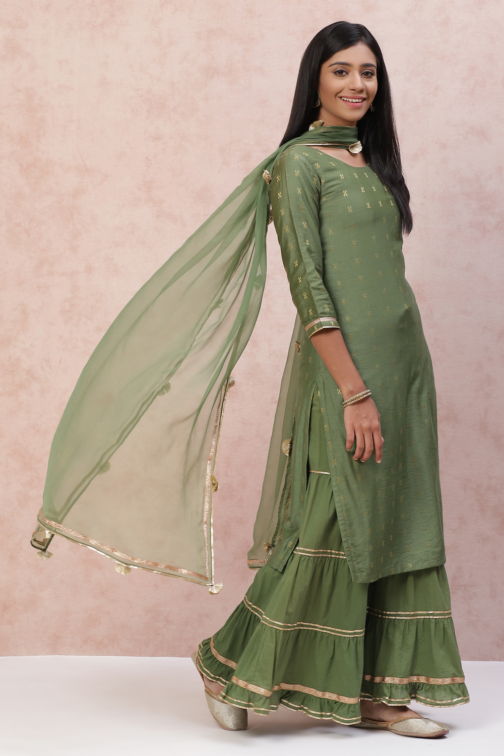 Olive Green Poly Cotton Straight Suit Set image number 5
