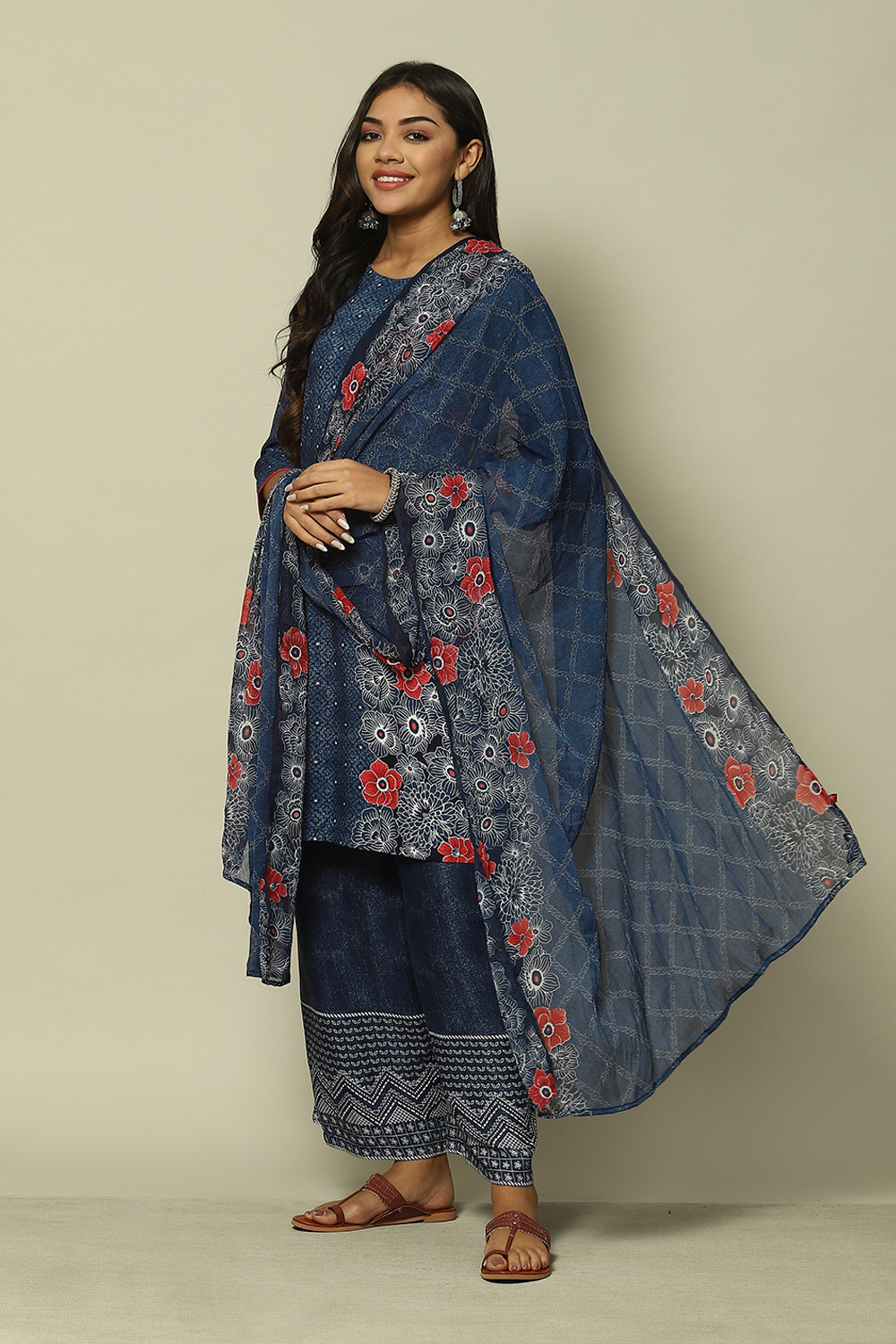 Indigo Blue Polyester Printed Dupatta image number 0