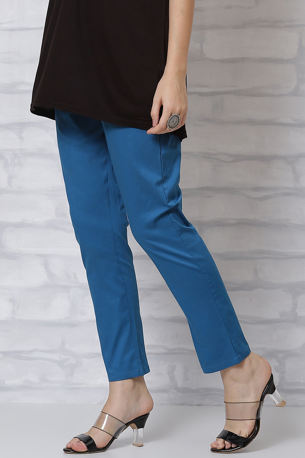 Teal Blue Poly Cotton Slim Pants image number 2