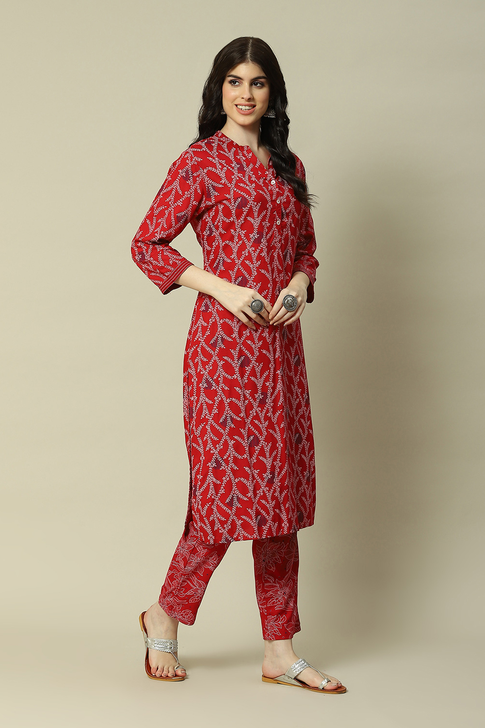 Red LIVA Straight Printed Kurta Palazzo Suit Set image number 5