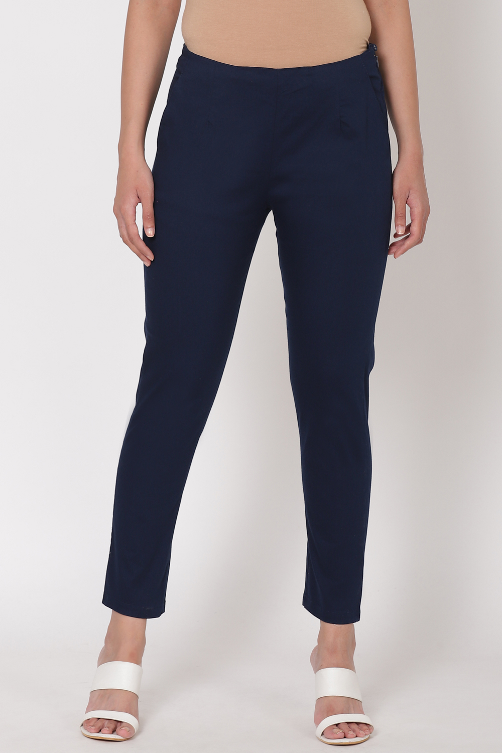 Navy Blue Poly Cotton Slim Pants image number 0