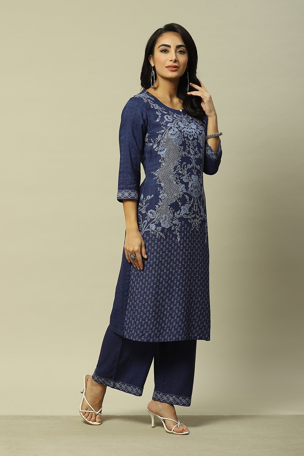 Yellow LIVA Straight Printed Kurta Palazzo Suit Set image number 5