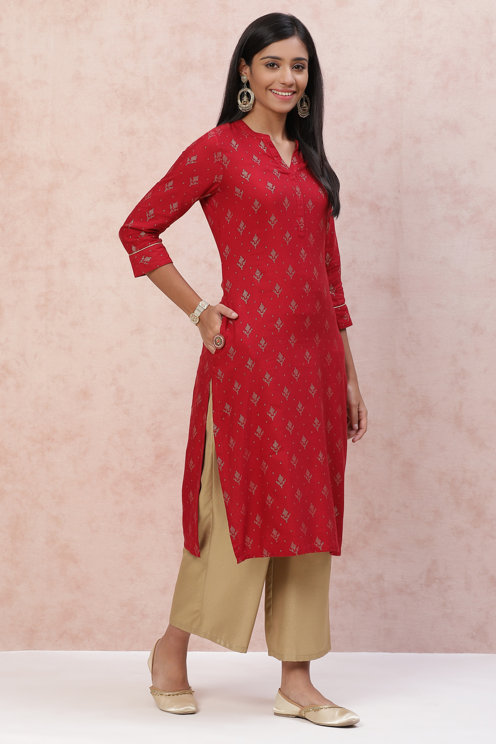 Red Polyester Viscose Straight Kurta image number 2