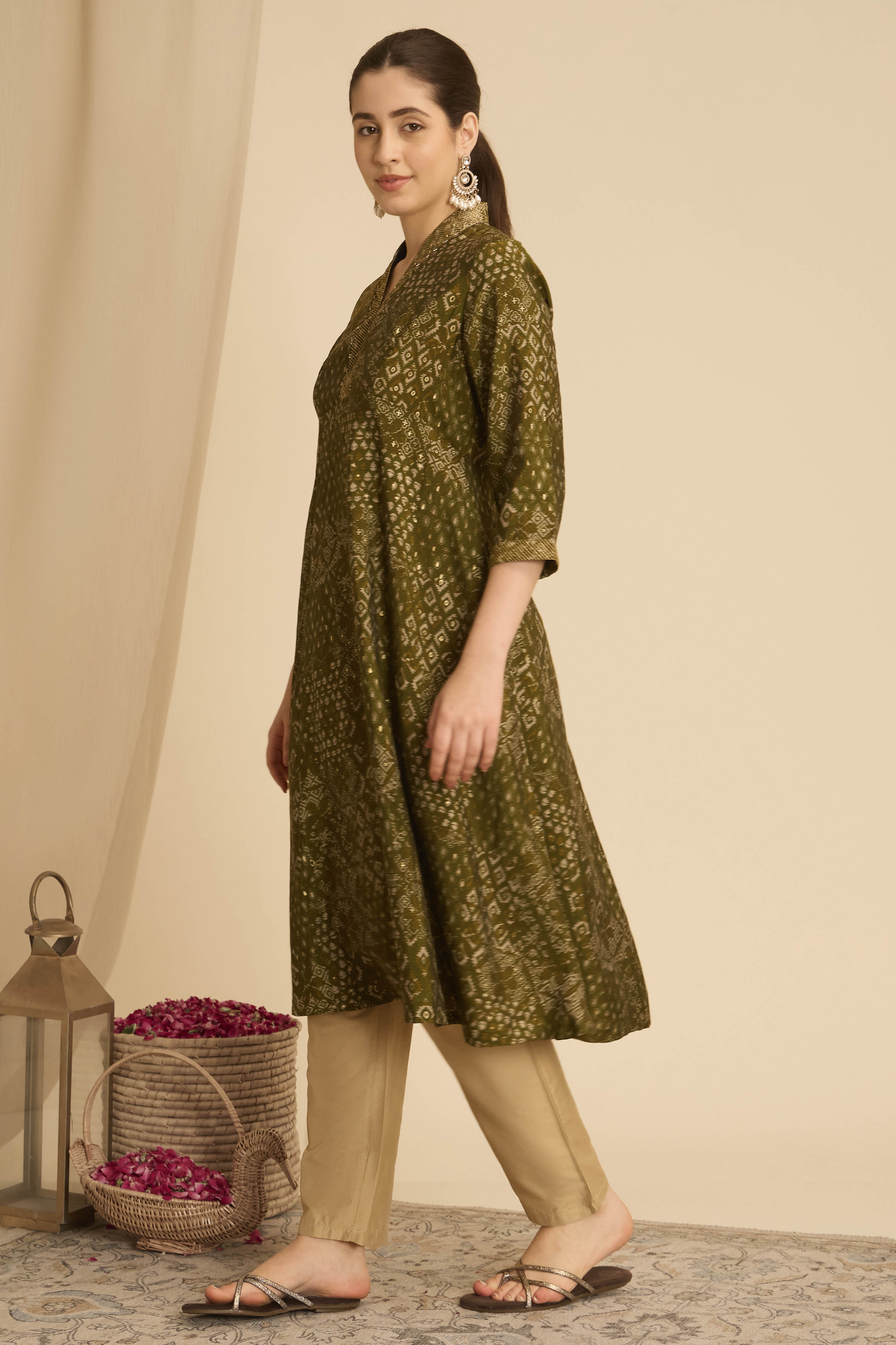 Green Viscose Blend A-Line Printed Kurta image number 2
