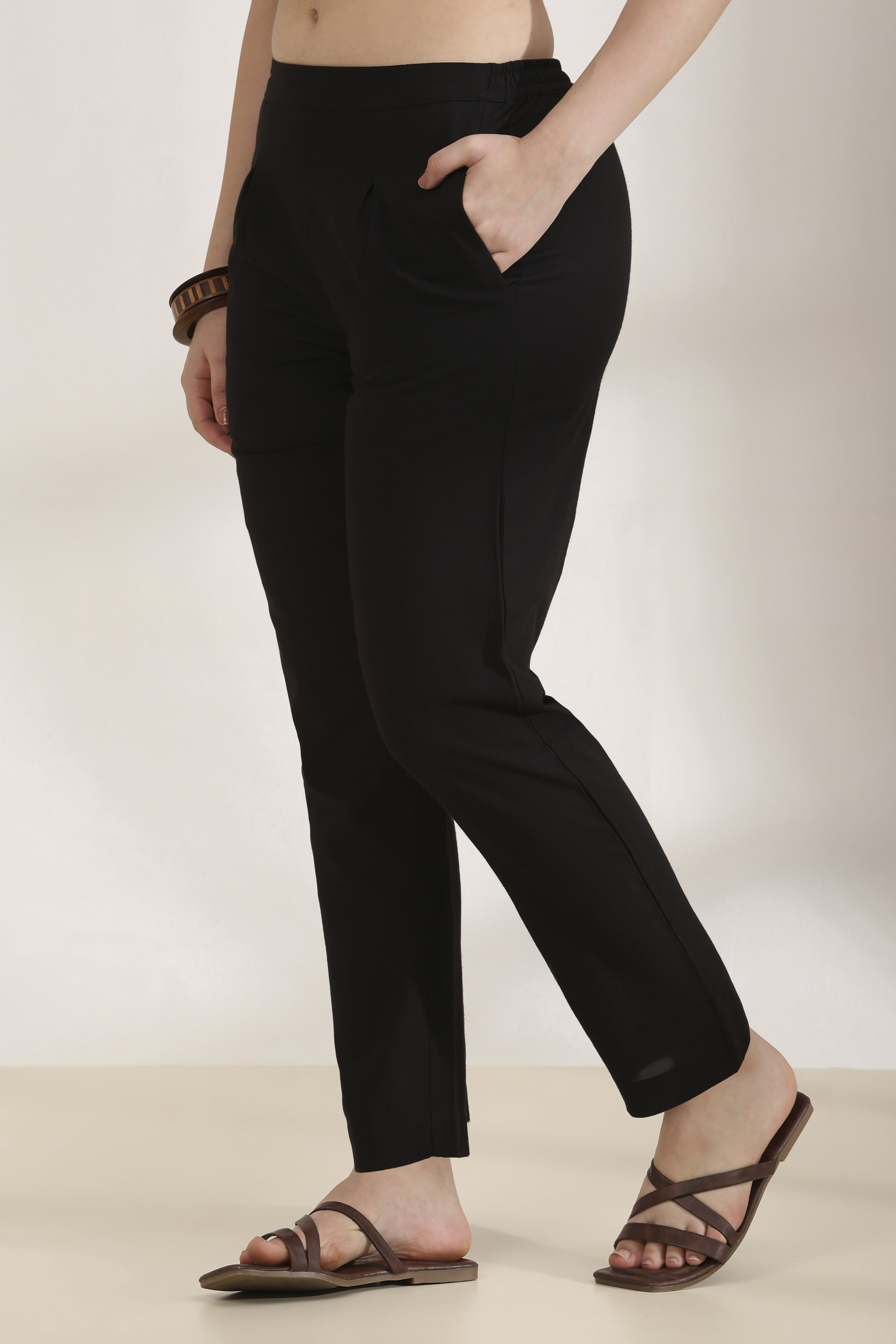 Black Cotton Blend Straight Pants image number 2