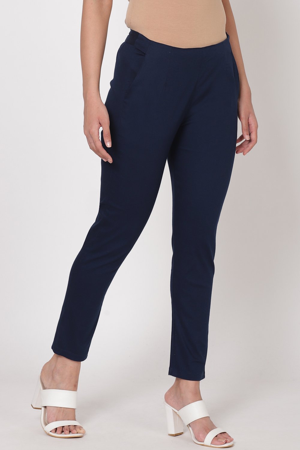 Navy Blue Poly Cotton Slim Pants image number 3
