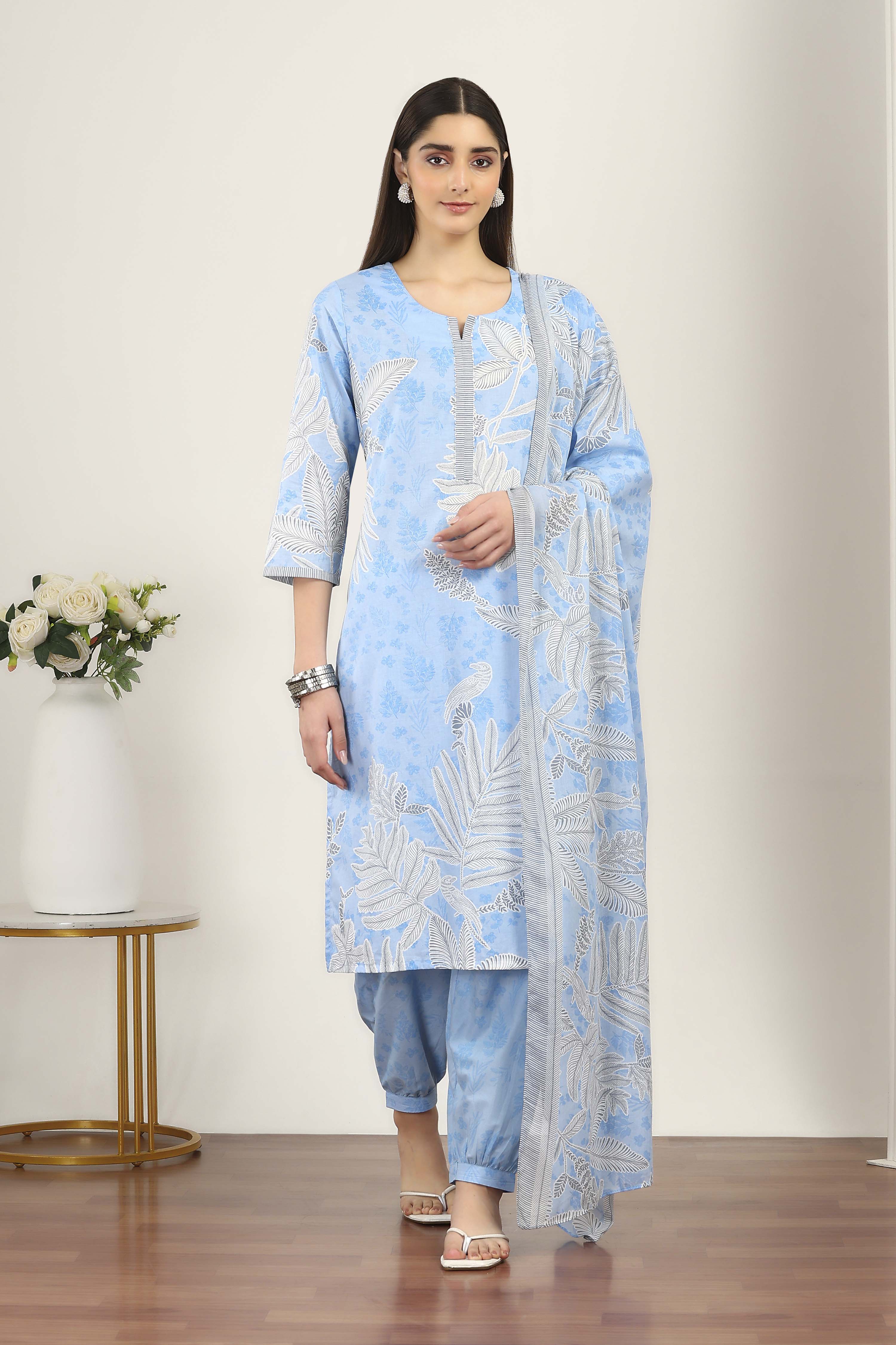 Blue Cotton Straight Suit Sets image number 6