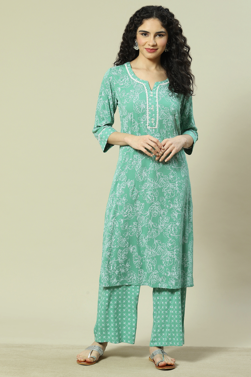 Green LIVA Woven Straight Kurta Suit Set image number 6