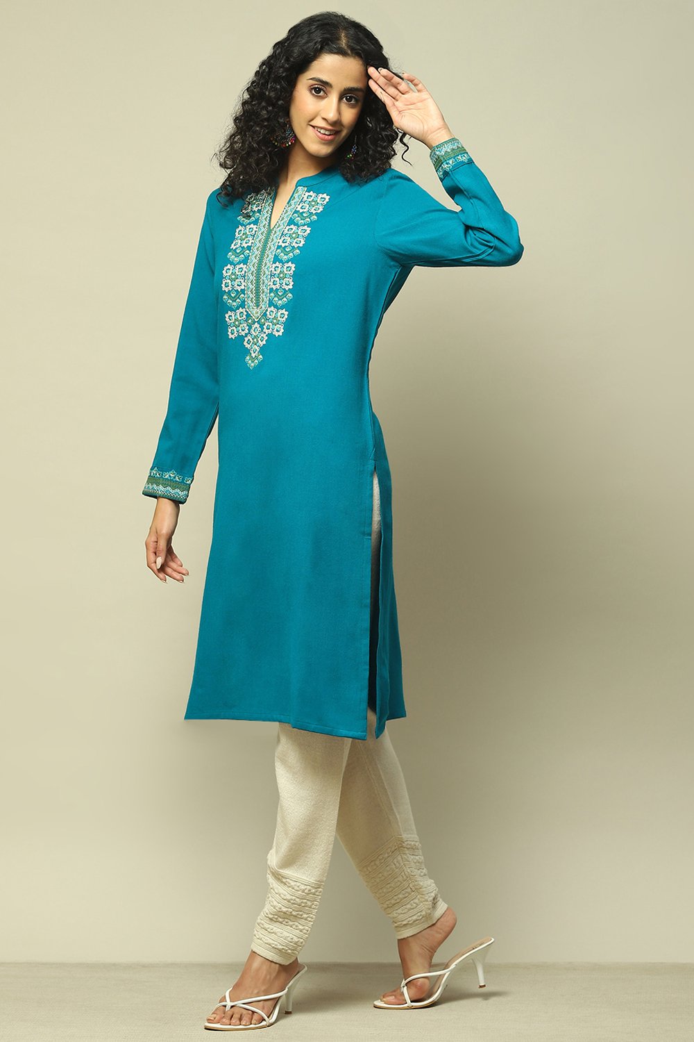 Teal Acrylic Straight Solid Kurta image number 2