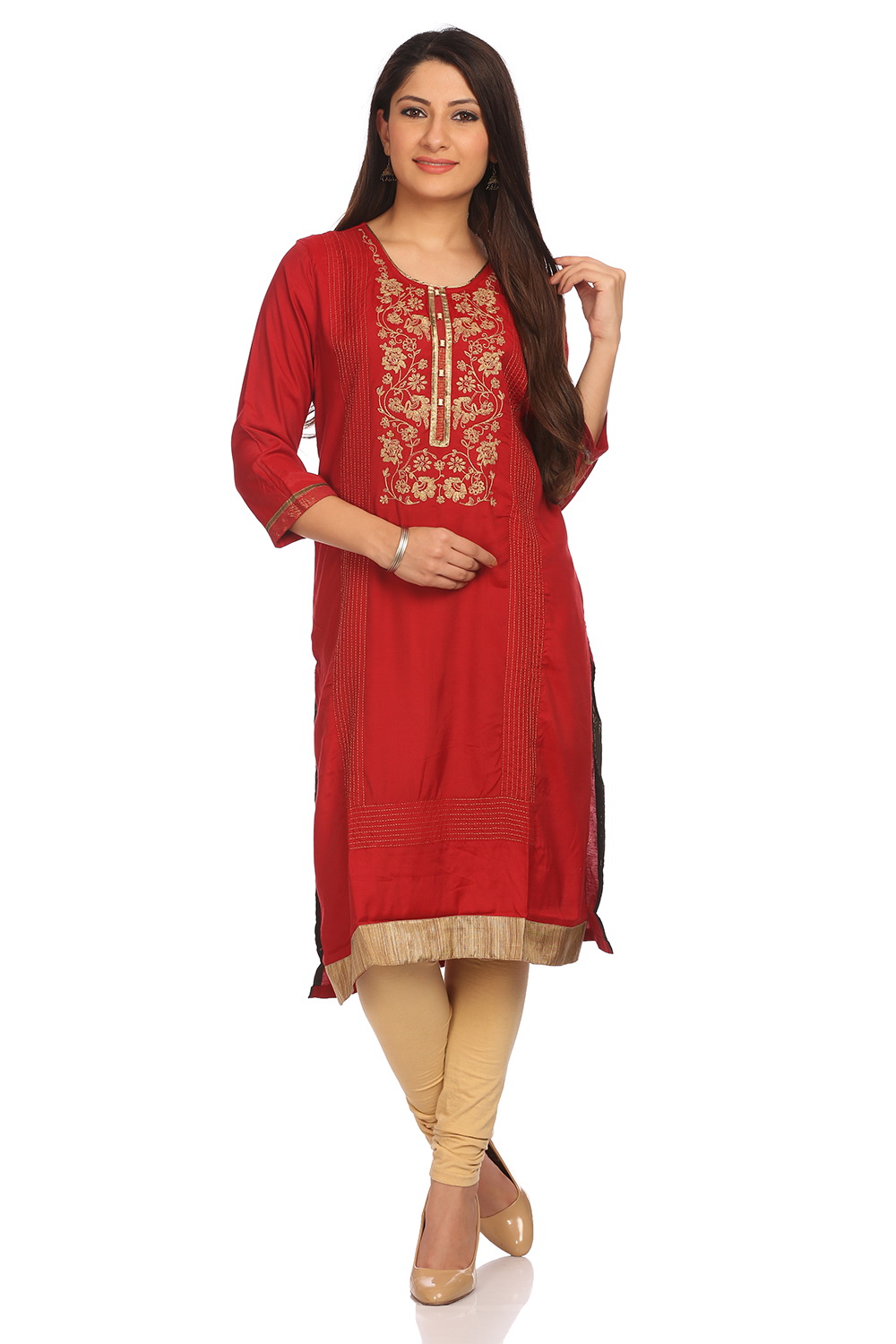 Red Cotton Straight Kurta image number 0