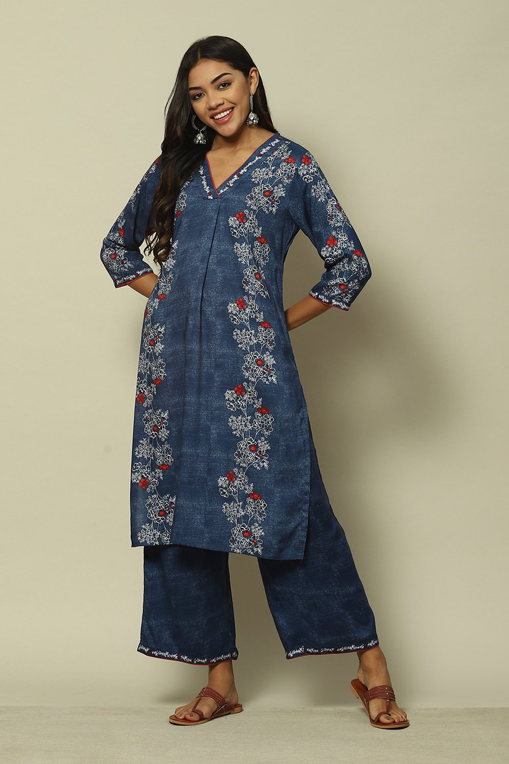 Indigo Blue LIVA Straight Printed Kurta Palazzo Suit Set image number 0