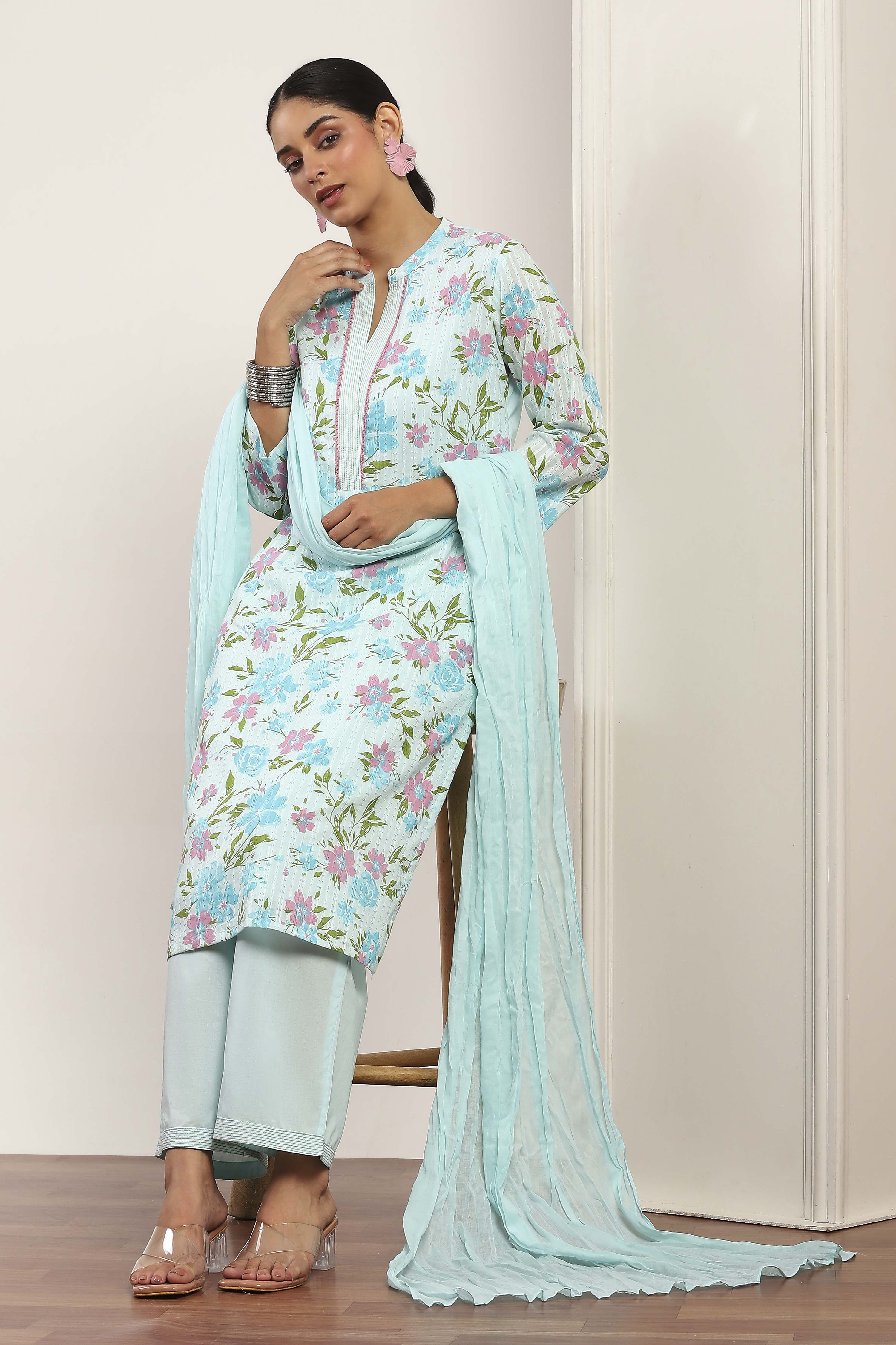 Blue Cotton Straight Suit Sets image number 0