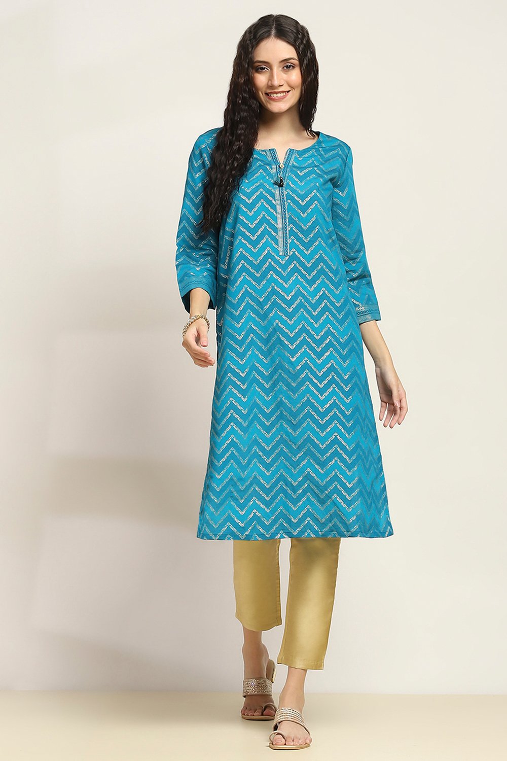 Aqua Viscose Blend Printed Straight Kurta image number 5