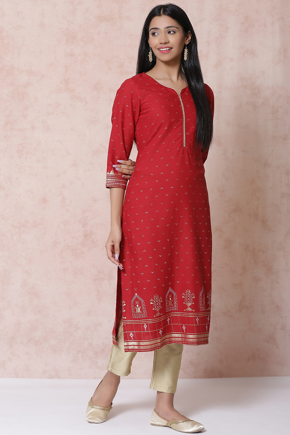 Red Cotton Flex Straight Kurta image number 2