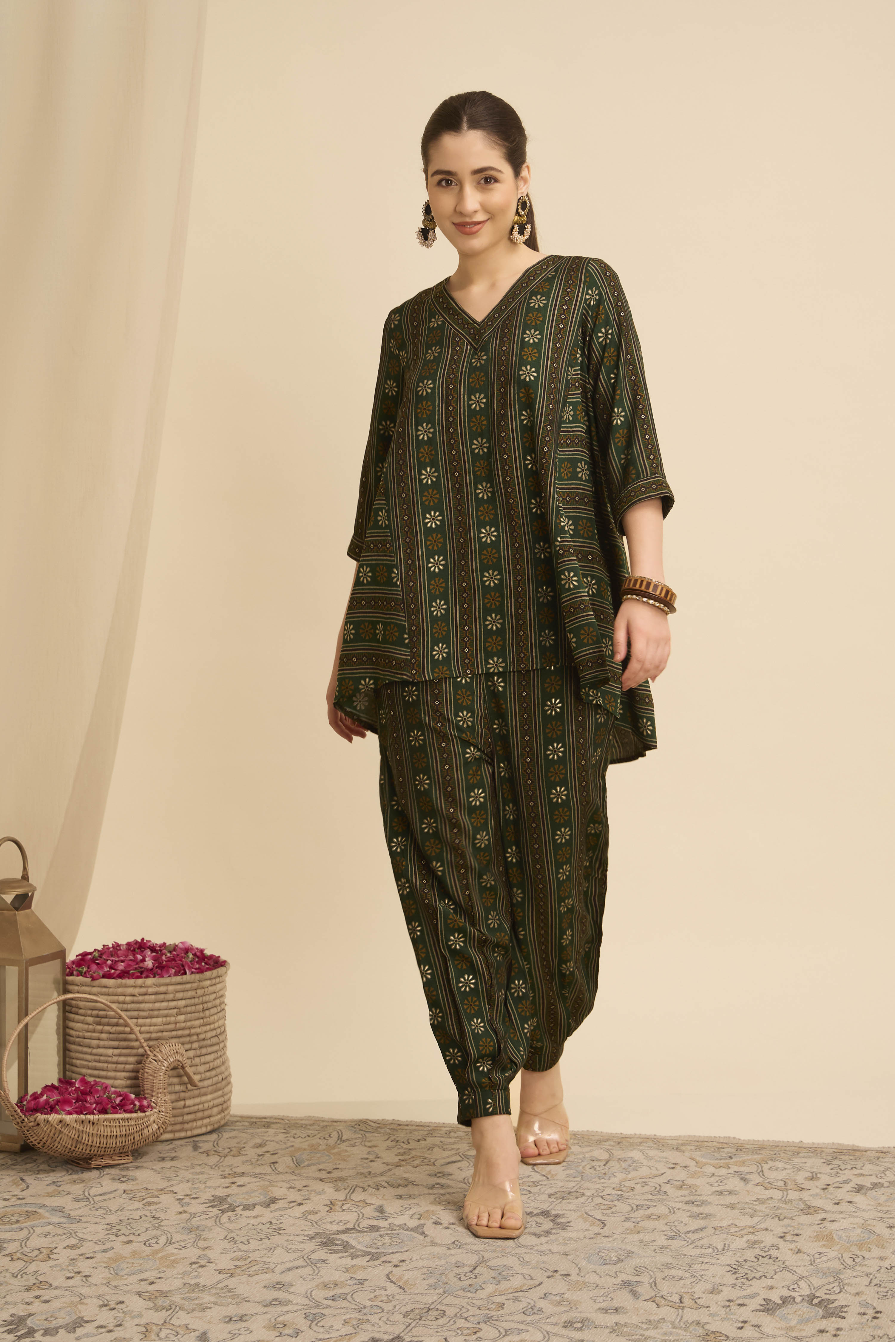 Green Viscose Blend Asymmetric Printed  image number 4
