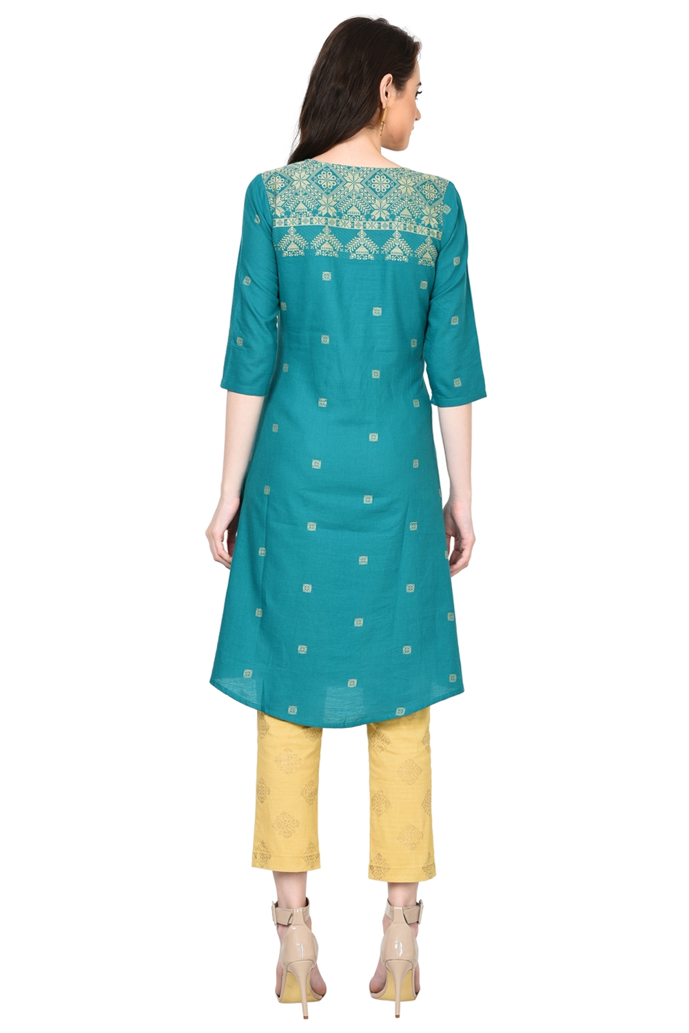Green A-Line Poly Cotton Kurta image number 4