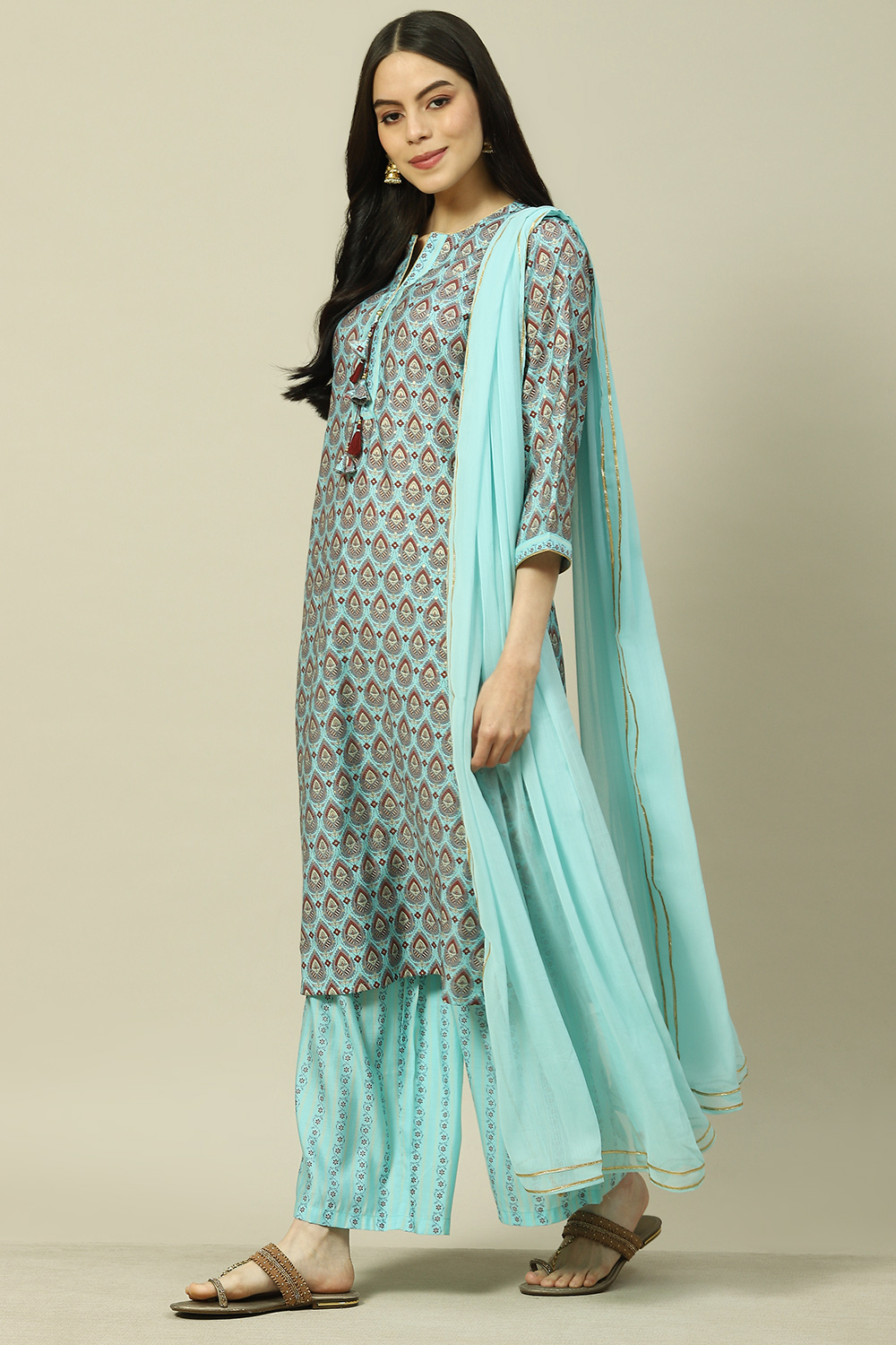 Light Blue Cotton Blend Woven Straight Kurta Suit Set image number 5