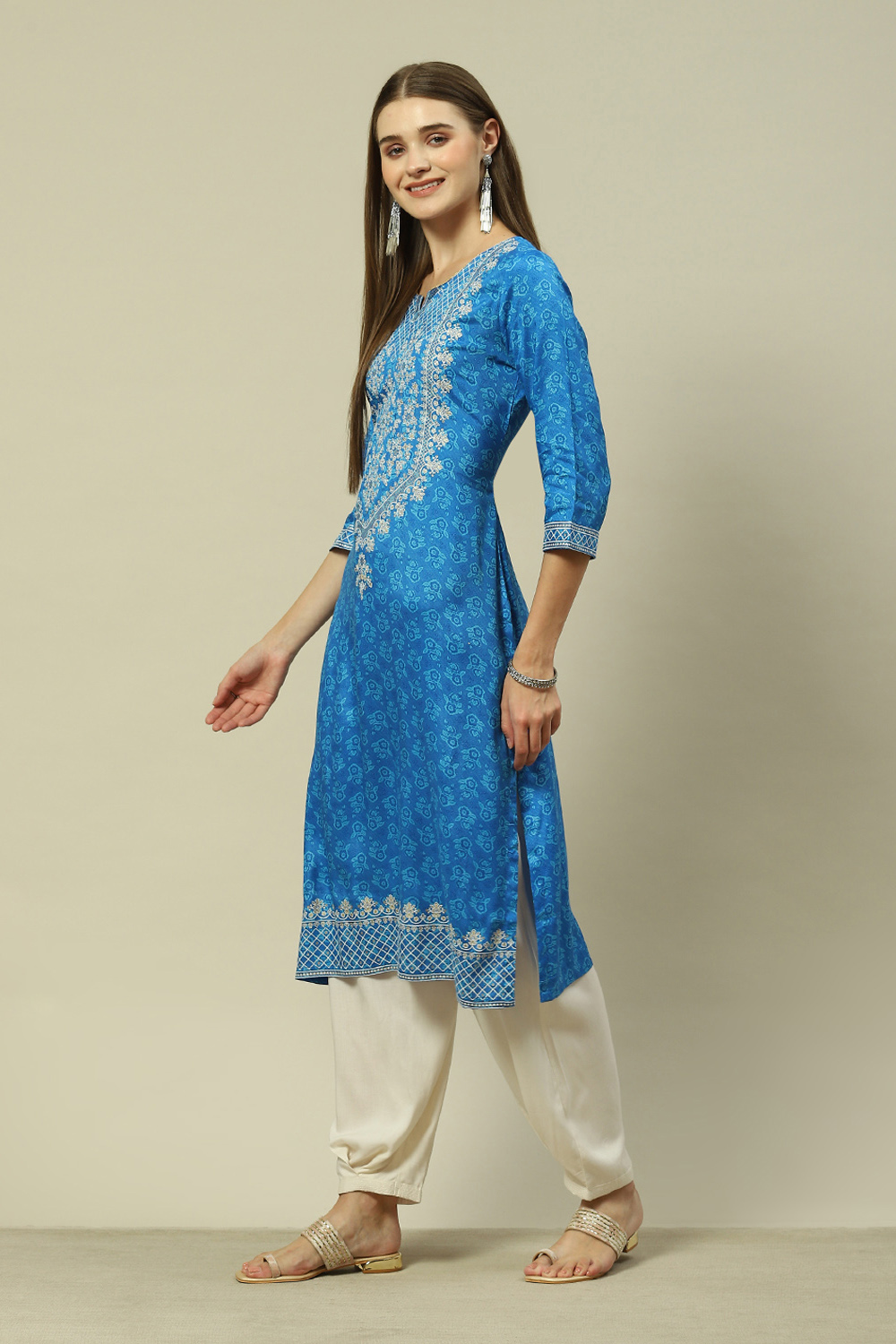 Blue LIVA Straight Printed Kurta image number 2